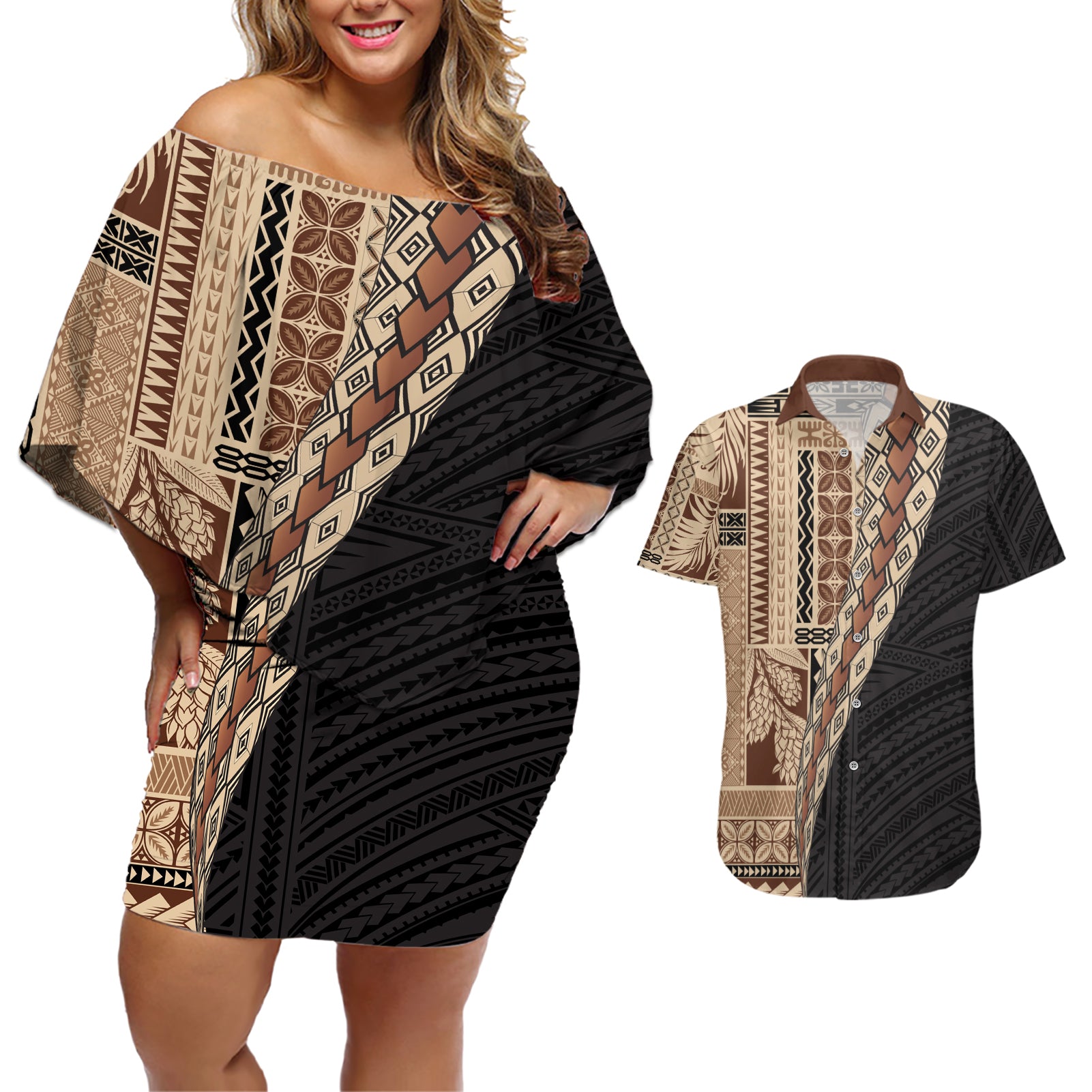 Samoa Siapo Motif Half Style Couples Matching Off Shoulder Short Dress and Hawaiian Shirt Brown Version