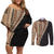 Samoa Siapo Motif Half Style Couples Matching Off Shoulder Short Dress and Long Sleeve Button Shirt Brown Version