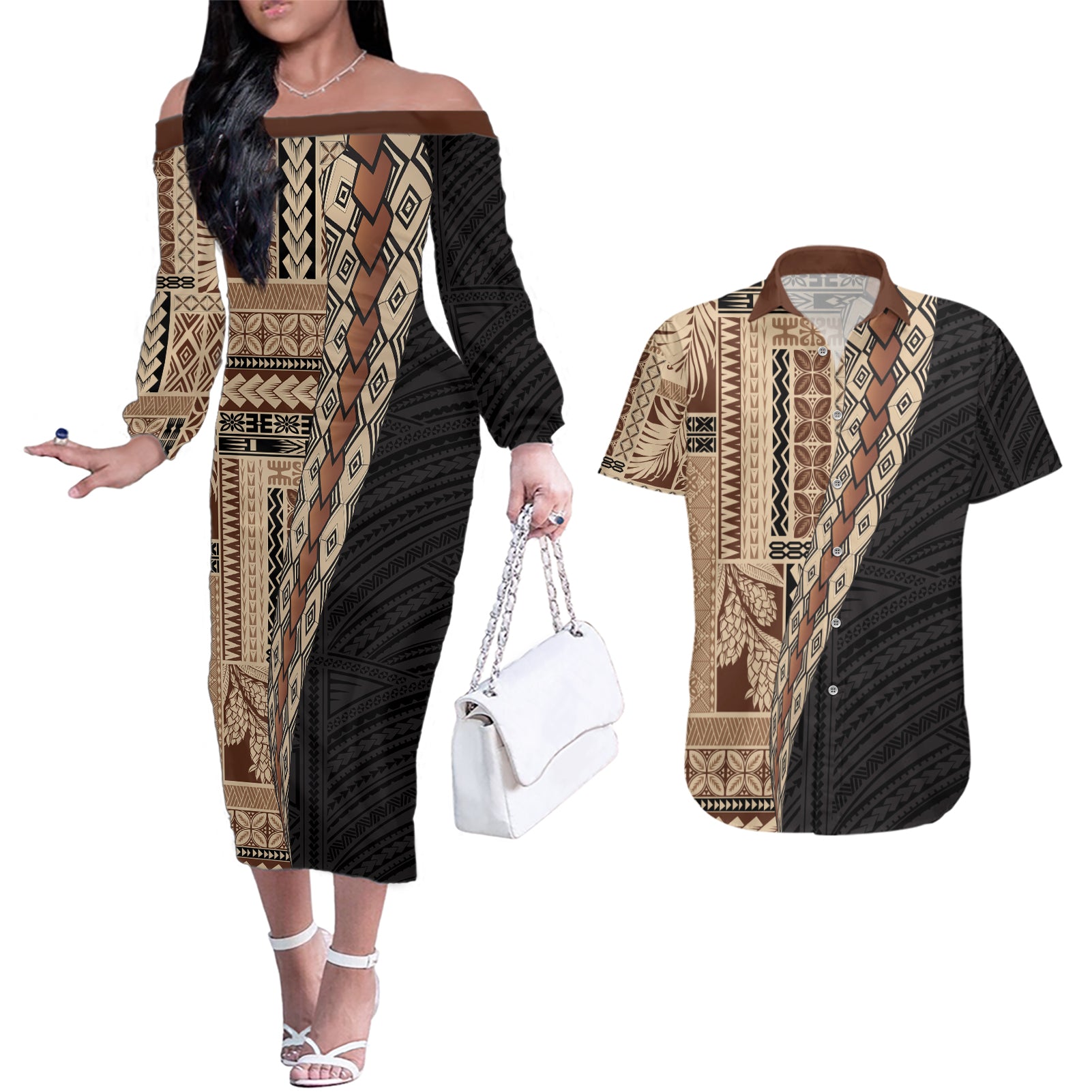 Samoa Siapo Motif Half Style Couples Matching Off The Shoulder Long Sleeve Dress and Hawaiian Shirt Brown Version