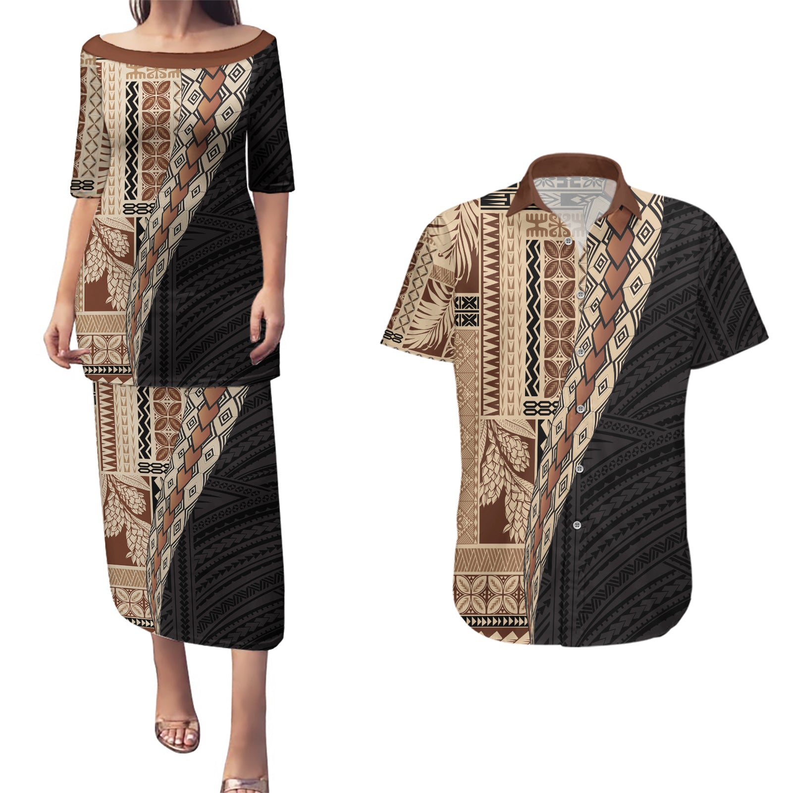 Samoa Siapo Motif Half Style Couples Matching Puletasi and Hawaiian Shirt Brown Version