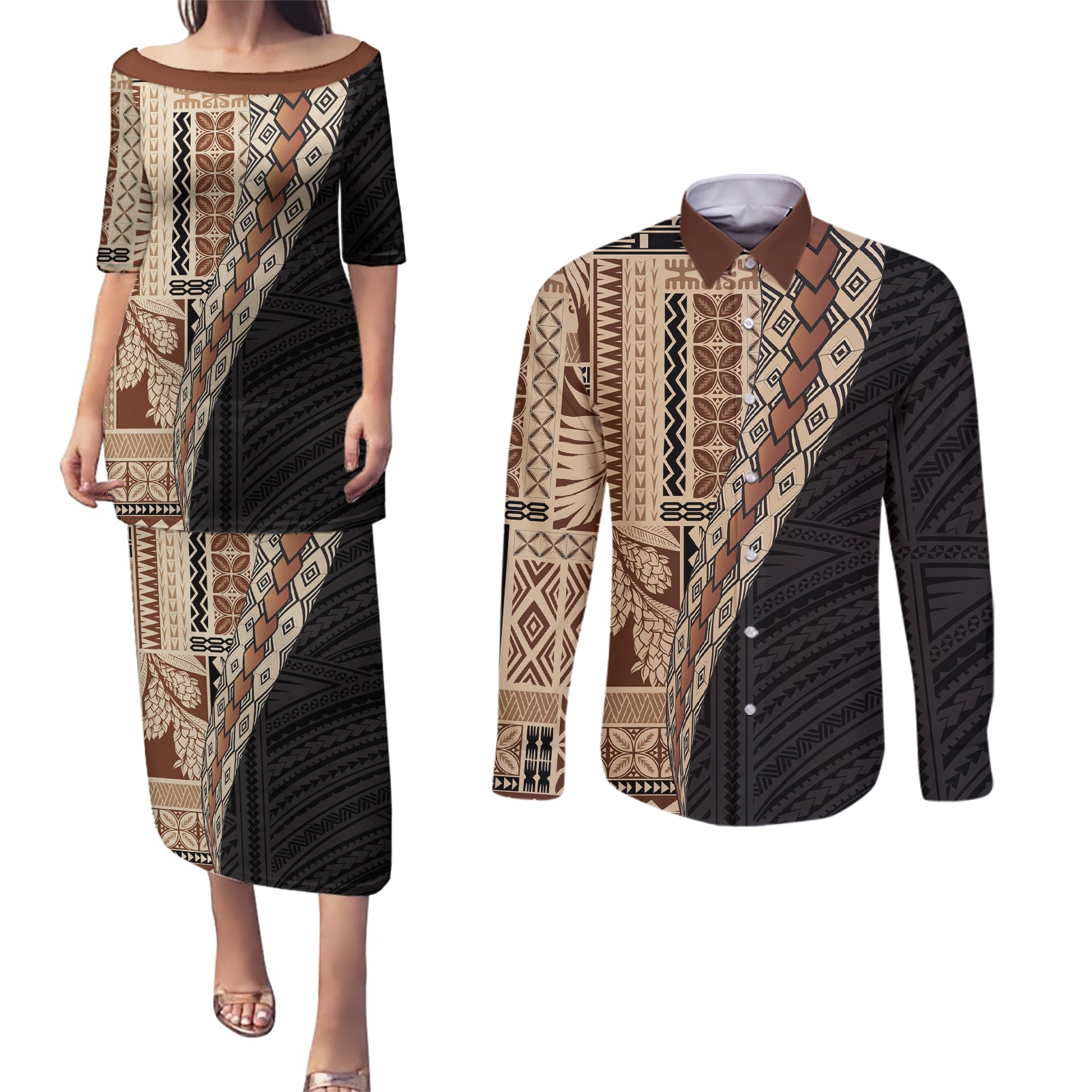 Samoa Siapo Motif Half Style Couples Matching Puletasi and Long Sleeve Button Shirt Brown Version