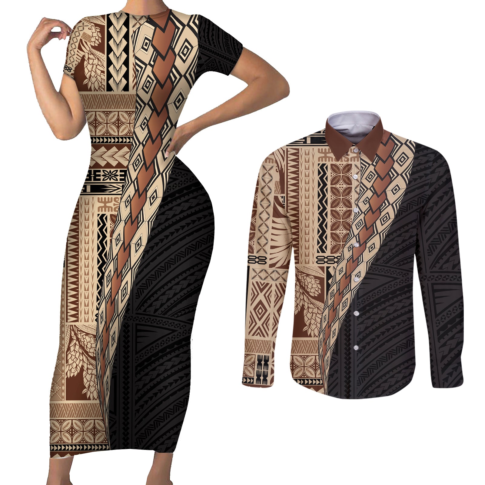 Samoa Siapo Motif Half Style Couples Matching Short Sleeve Bodycon Dress and Long Sleeve Button Shirt Brown Version