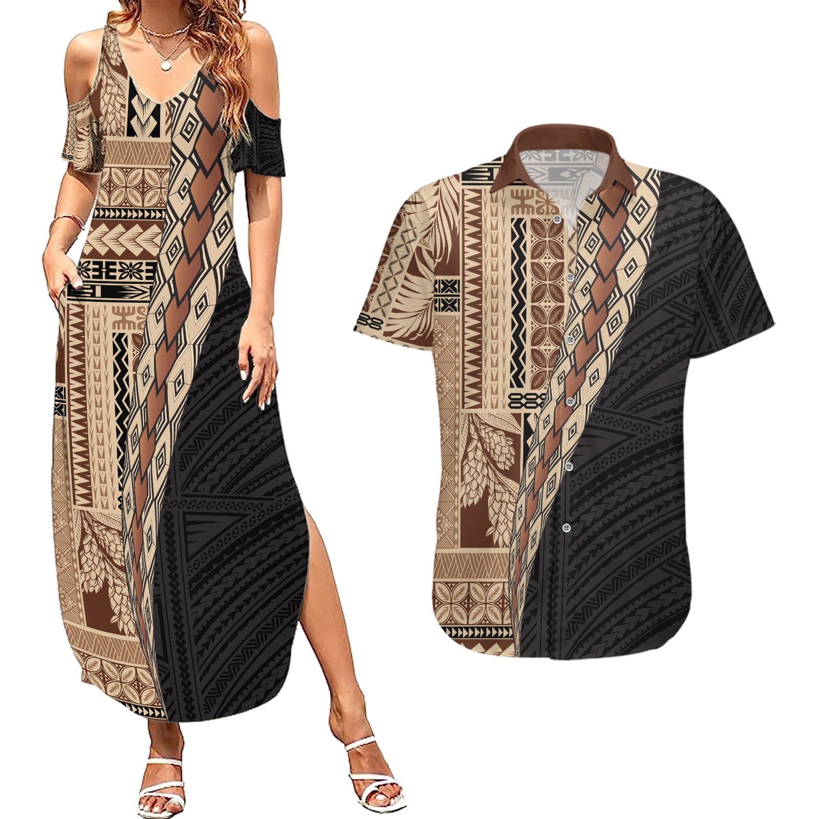 Samoa Siapo Motif Half Style Couples Matching Summer Maxi Dress and Hawaiian Shirt Brown Version