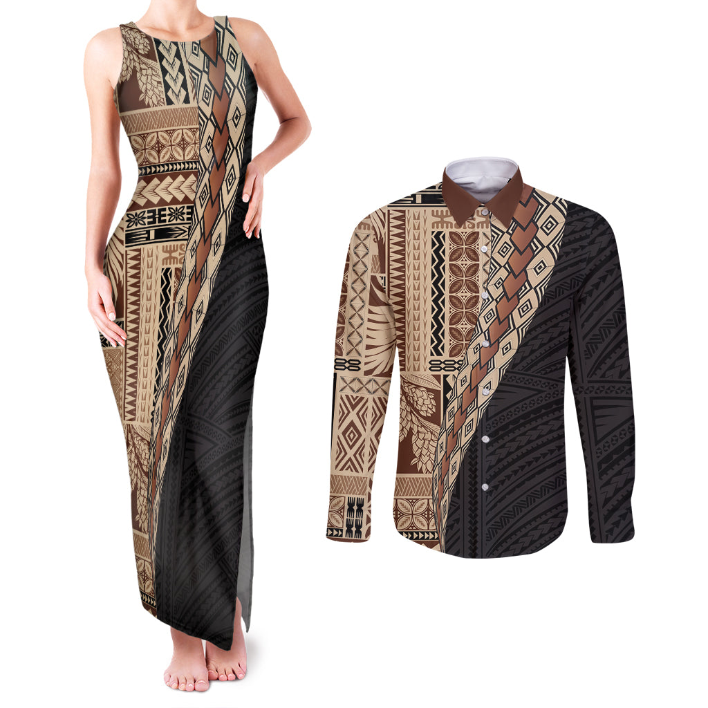 Samoa Siapo Motif Half Style Couples Matching Tank Maxi Dress and Long Sleeve Button Shirt Brown Version