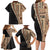 Samoa Siapo Motif Half Style Family Matching Long Sleeve Bodycon Dress and Hawaiian Shirt Brown Version