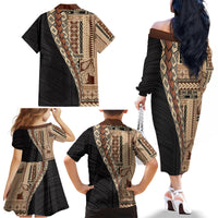 Samoa Siapo Motif Half Style Family Matching Off The Shoulder Long Sleeve Dress and Hawaiian Shirt Brown Version