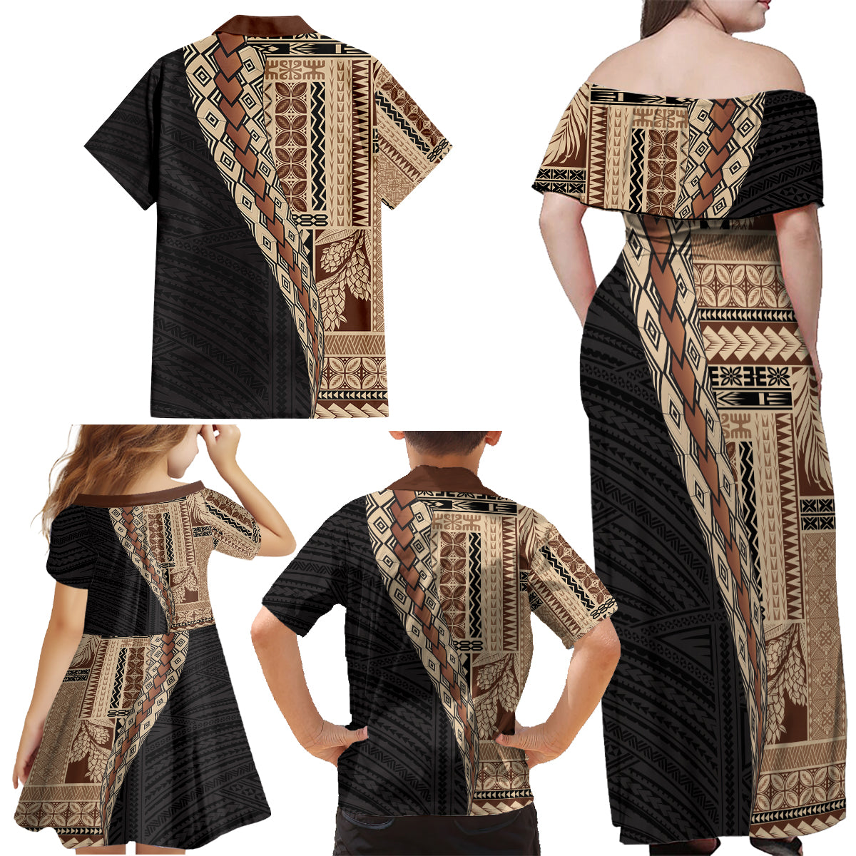 Samoa Siapo Motif Half Style Family Matching Off Shoulder Maxi Dress and Hawaiian Shirt Brown Version