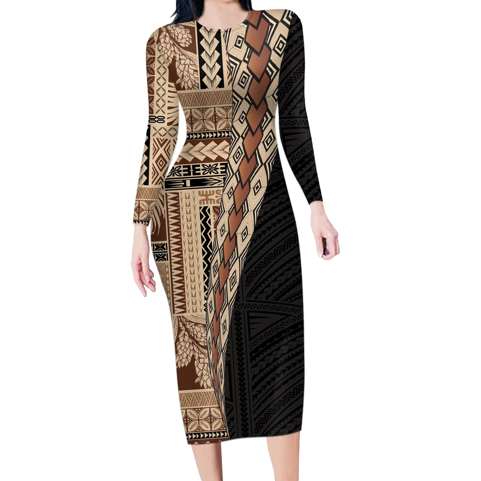 Samoa Siapo Motif Half Style Long Sleeve Bodycon Dress Brown Version