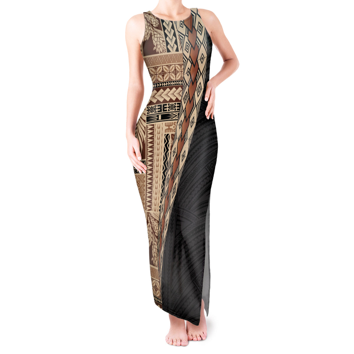 Samoa Siapo Motif Half Style Tank Maxi Dress Brown Version