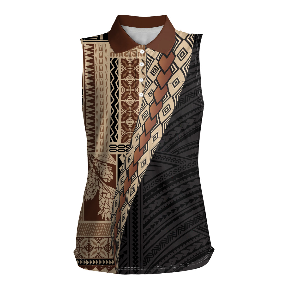 Samoa Siapo Motif Half Style Women Sleeveless Polo Shirt Brown Version