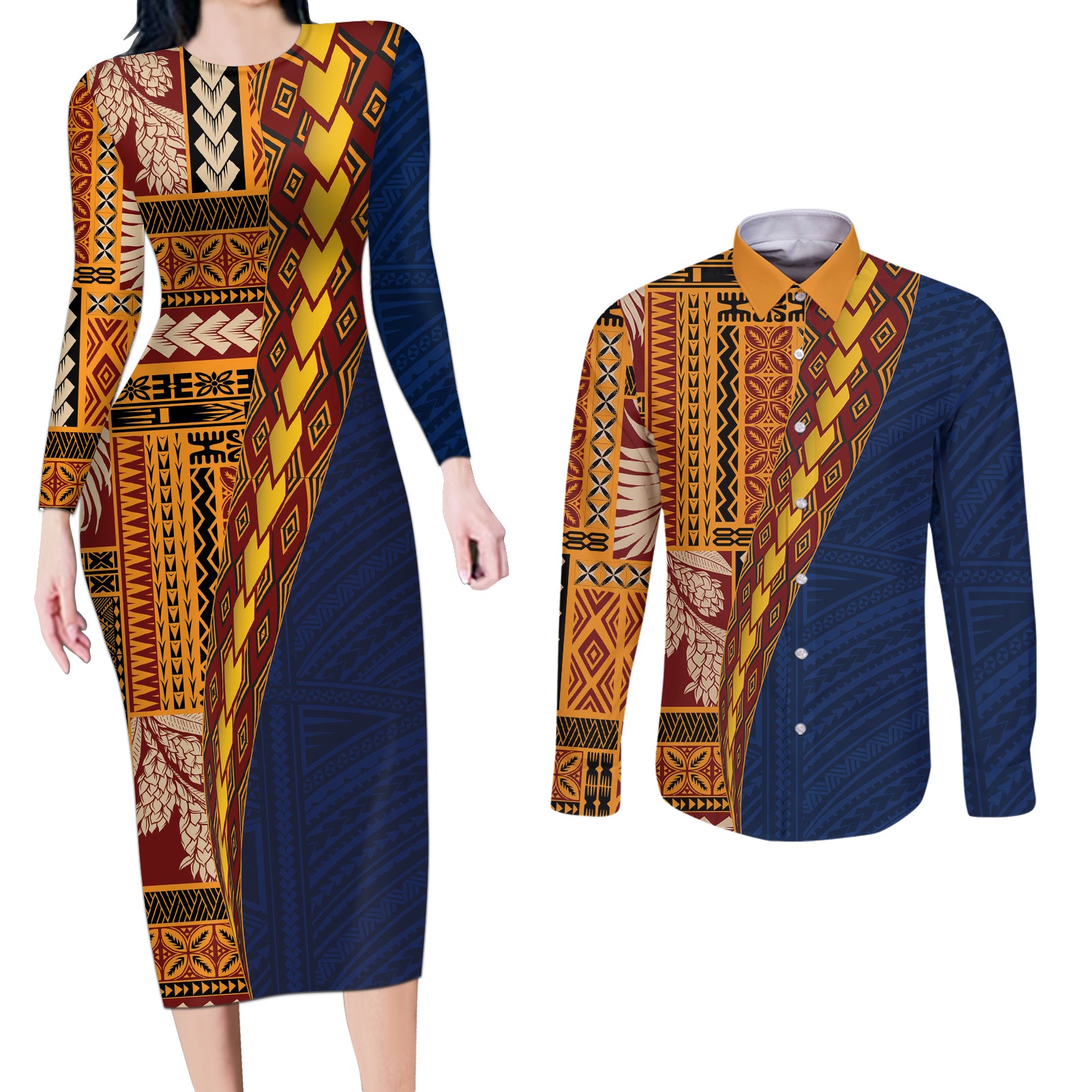 Samoa Siapo Motif Half Style Couples Matching Long Sleeve Bodycon Dress and Long Sleeve Button Shirt Colorful Version