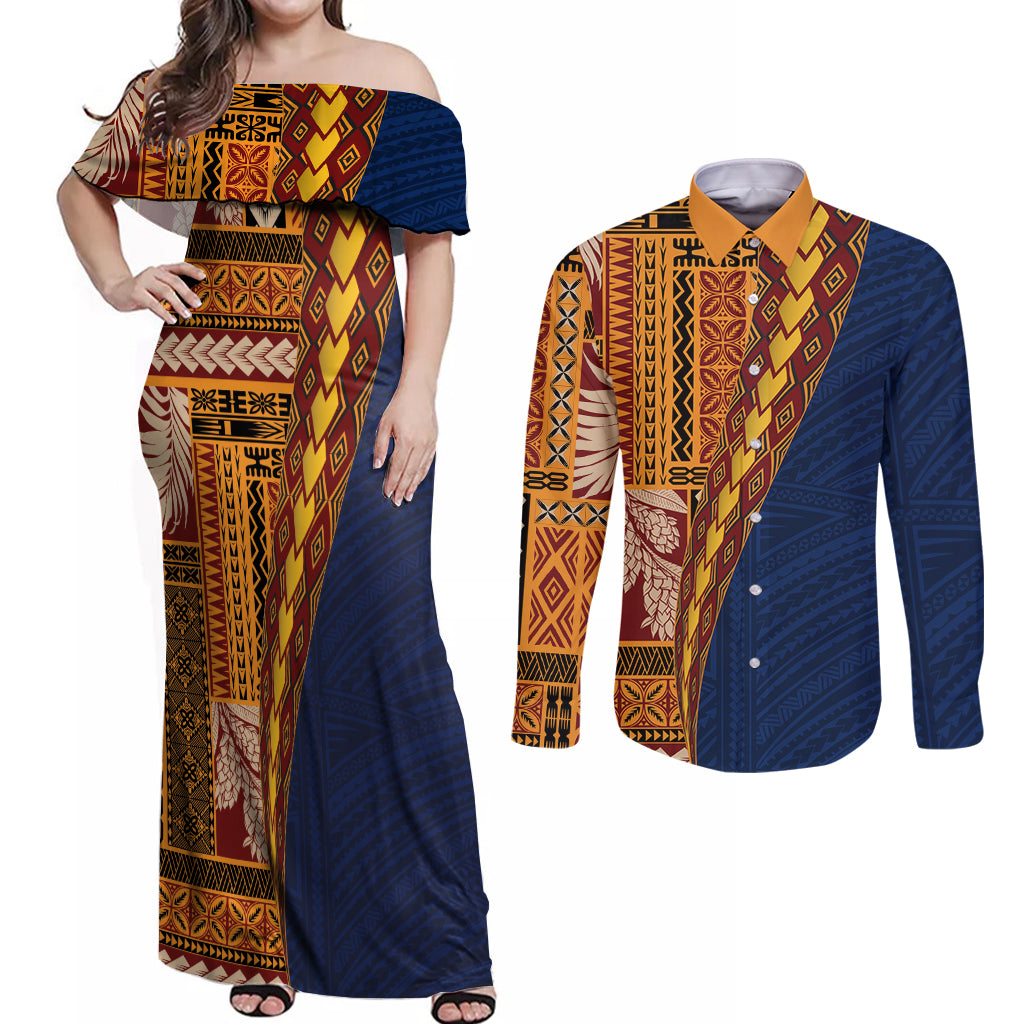 Samoa Siapo Motif Half Style Couples Matching Off Shoulder Maxi Dress and Long Sleeve Button Shirt Colorful Version