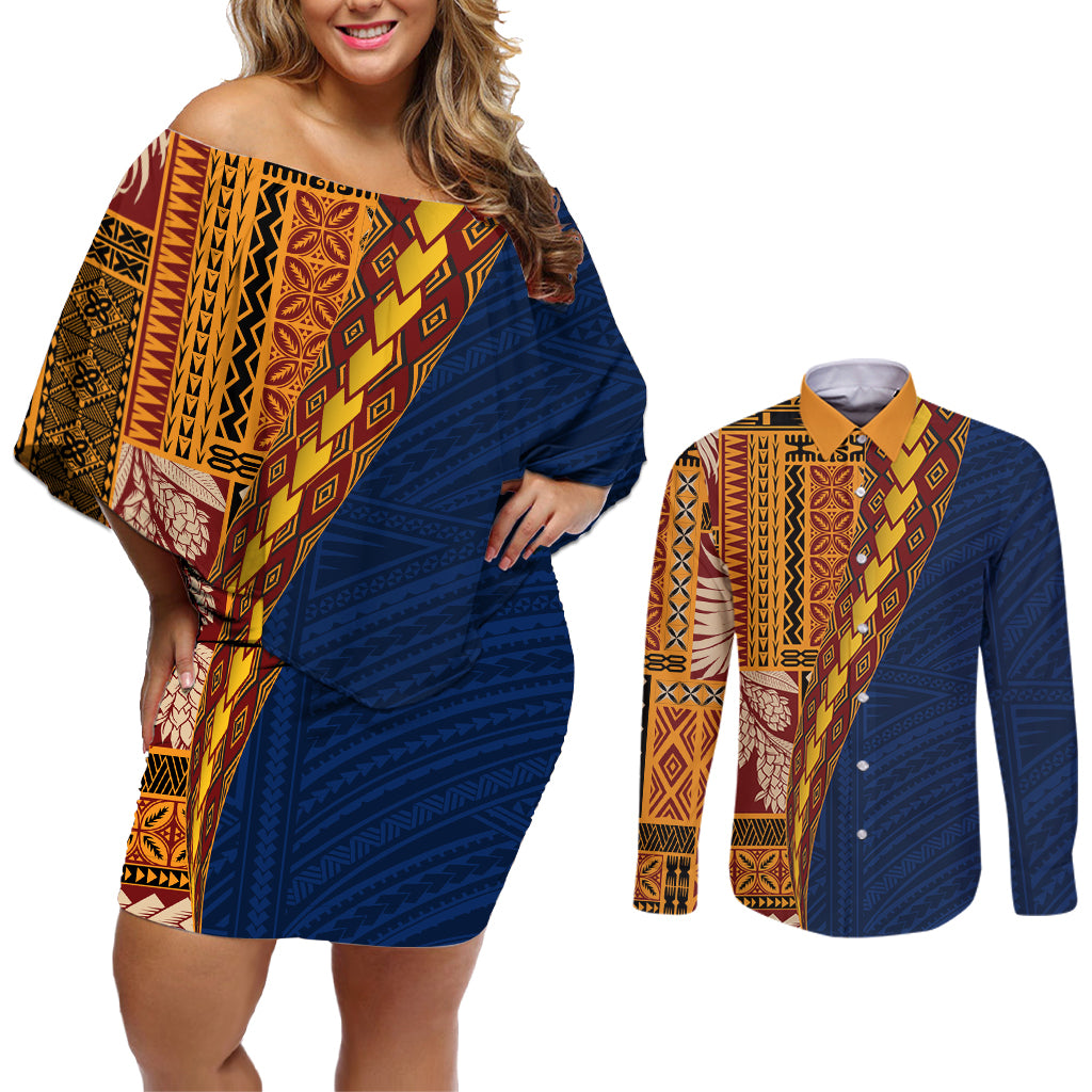 Samoa Siapo Motif Half Style Couples Matching Off Shoulder Short Dress and Long Sleeve Button Shirt Colorful Version