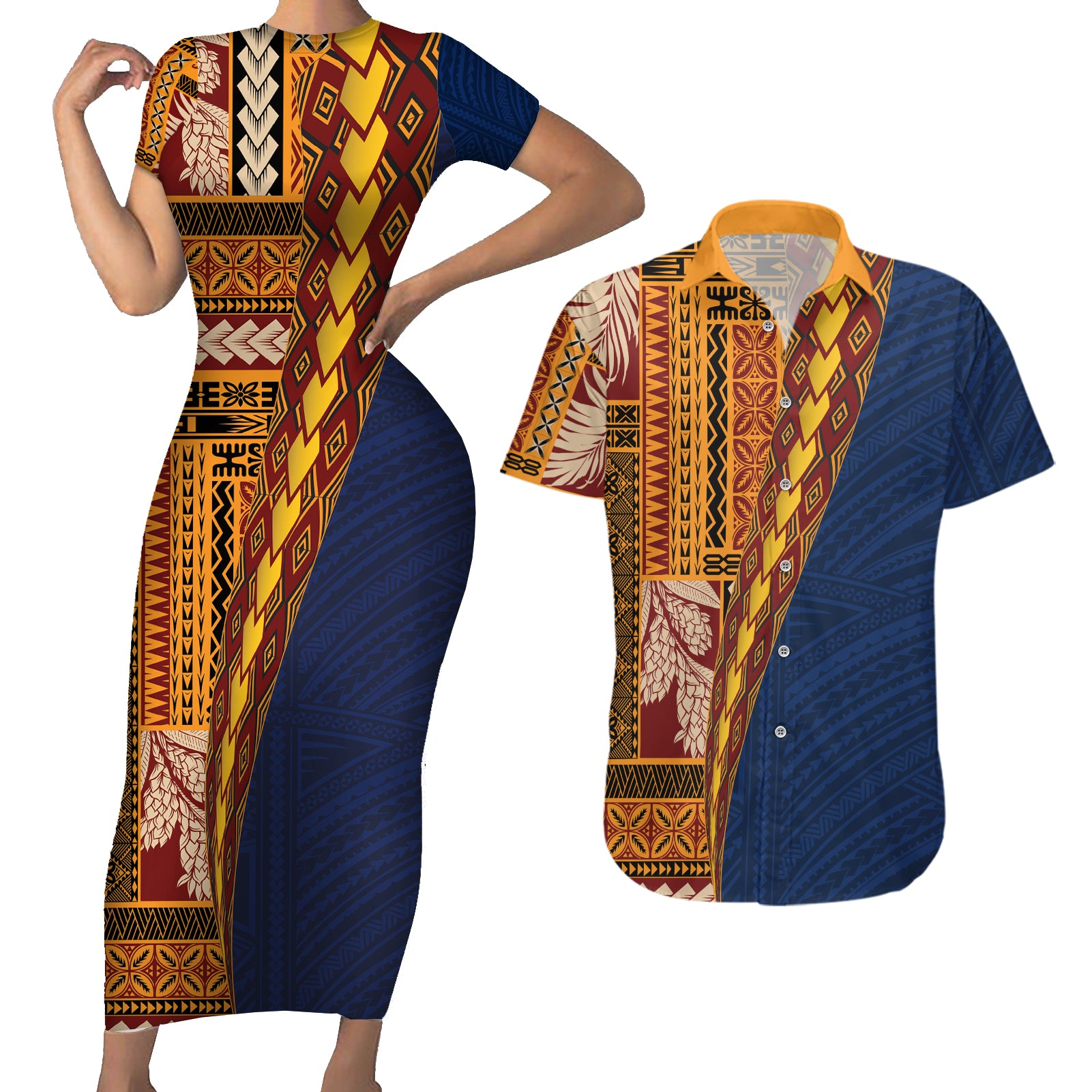 Samoa Siapo Motif Half Style Couples Matching Short Sleeve Bodycon Dress and Hawaiian Shirt Colorful Version