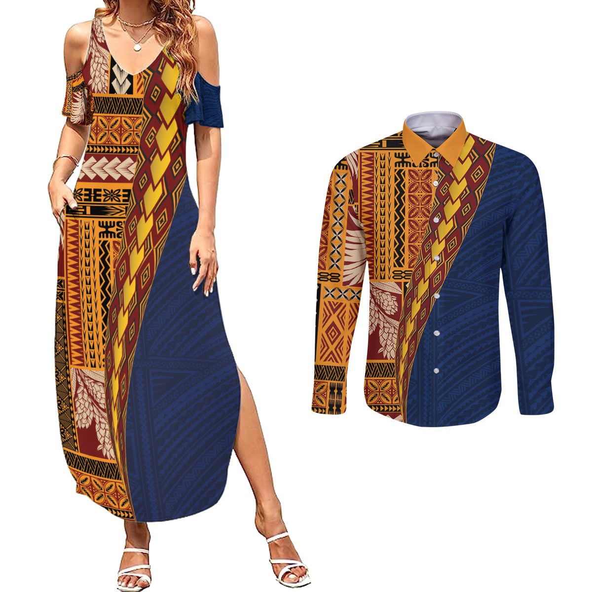 Samoa Siapo Motif Half Style Couples Matching Summer Maxi Dress and Long Sleeve Button Shirt Colorful Version