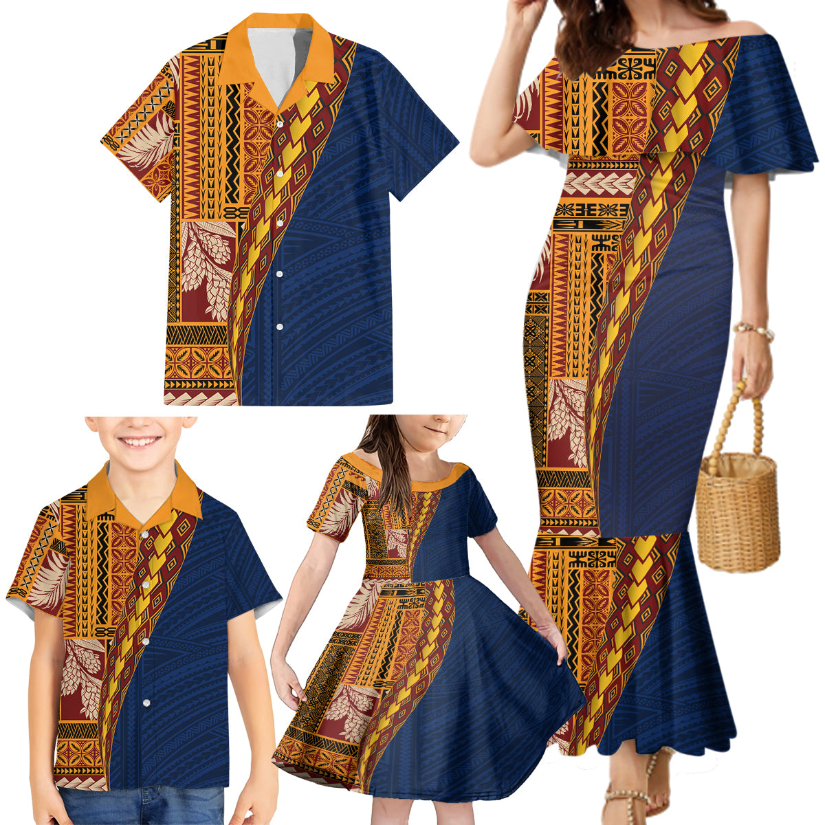 Samoa Siapo Motif Half Style Family Matching Mermaid Dress and Hawaiian Shirt Colorful Version