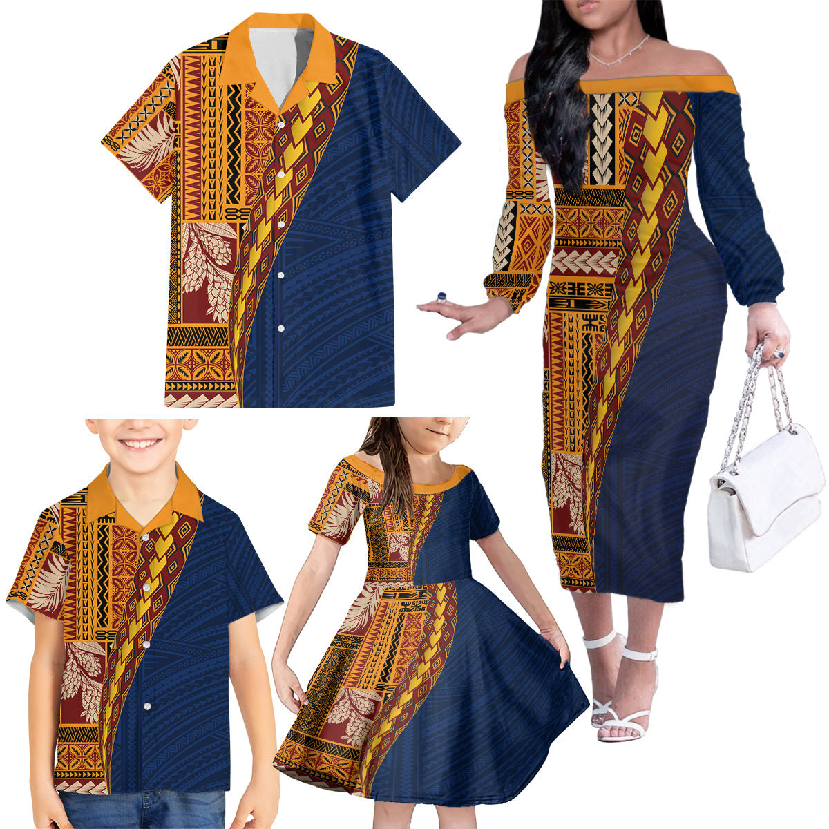 Samoa Siapo Motif Half Style Family Matching Off The Shoulder Long Sleeve Dress and Hawaiian Shirt Colorful Version