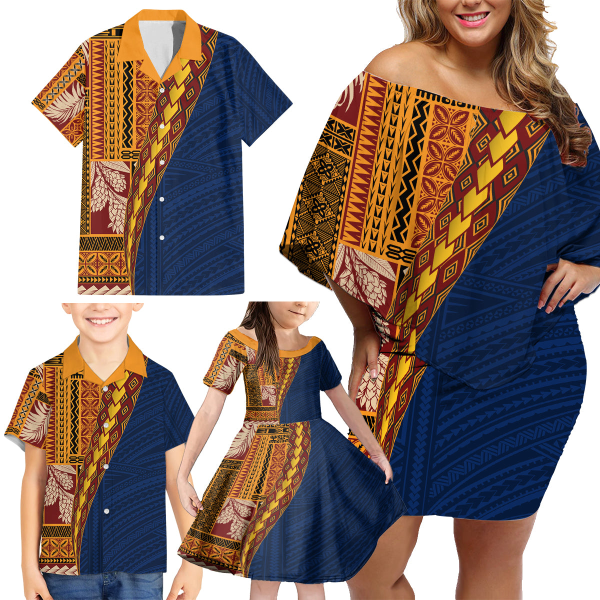 Samoa Siapo Motif Half Style Family Matching Off Shoulder Short Dress and Hawaiian Shirt Colorful Version