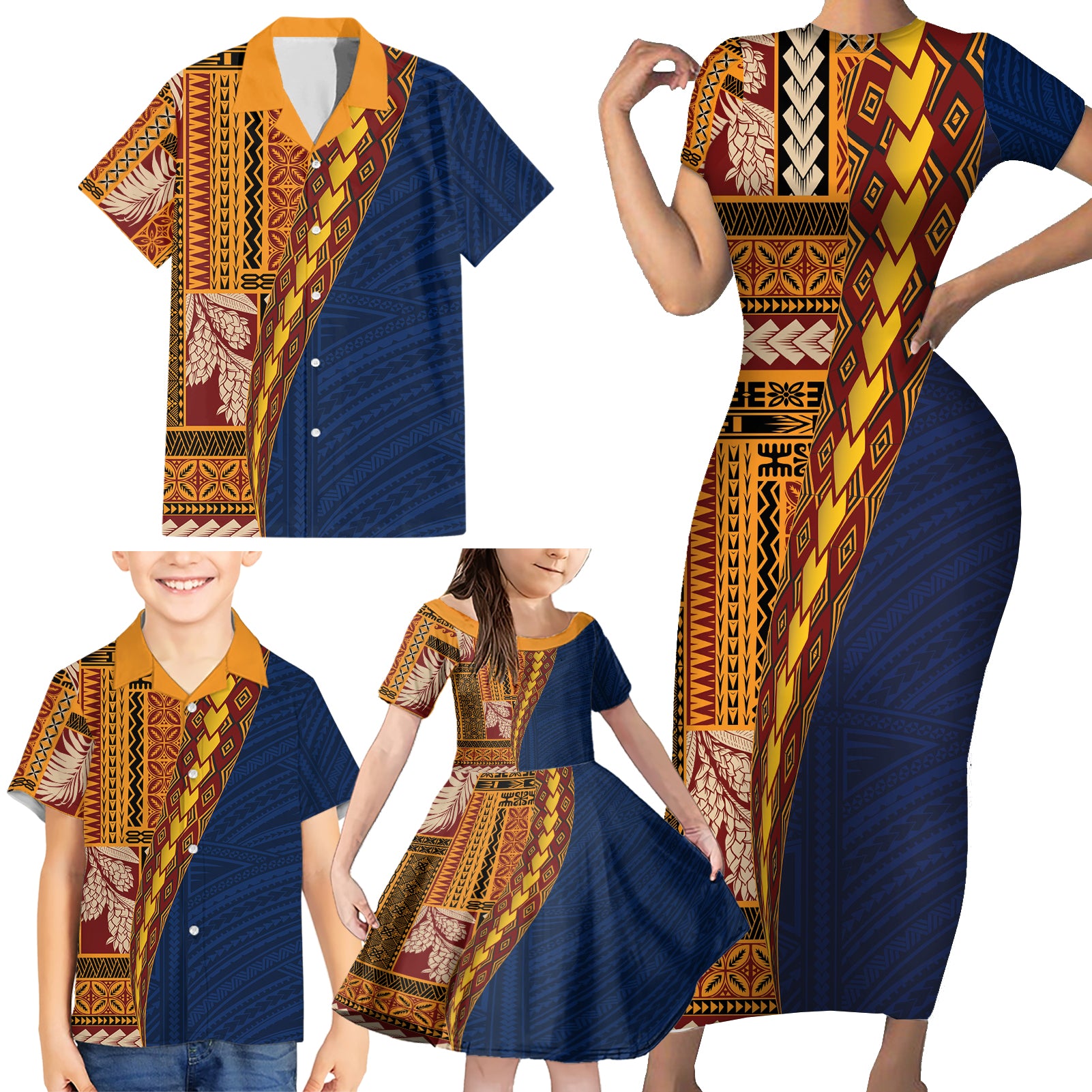 Samoa Siapo Motif Half Style Family Matching Short Sleeve Bodycon Dress and Hawaiian Shirt Colorful Version