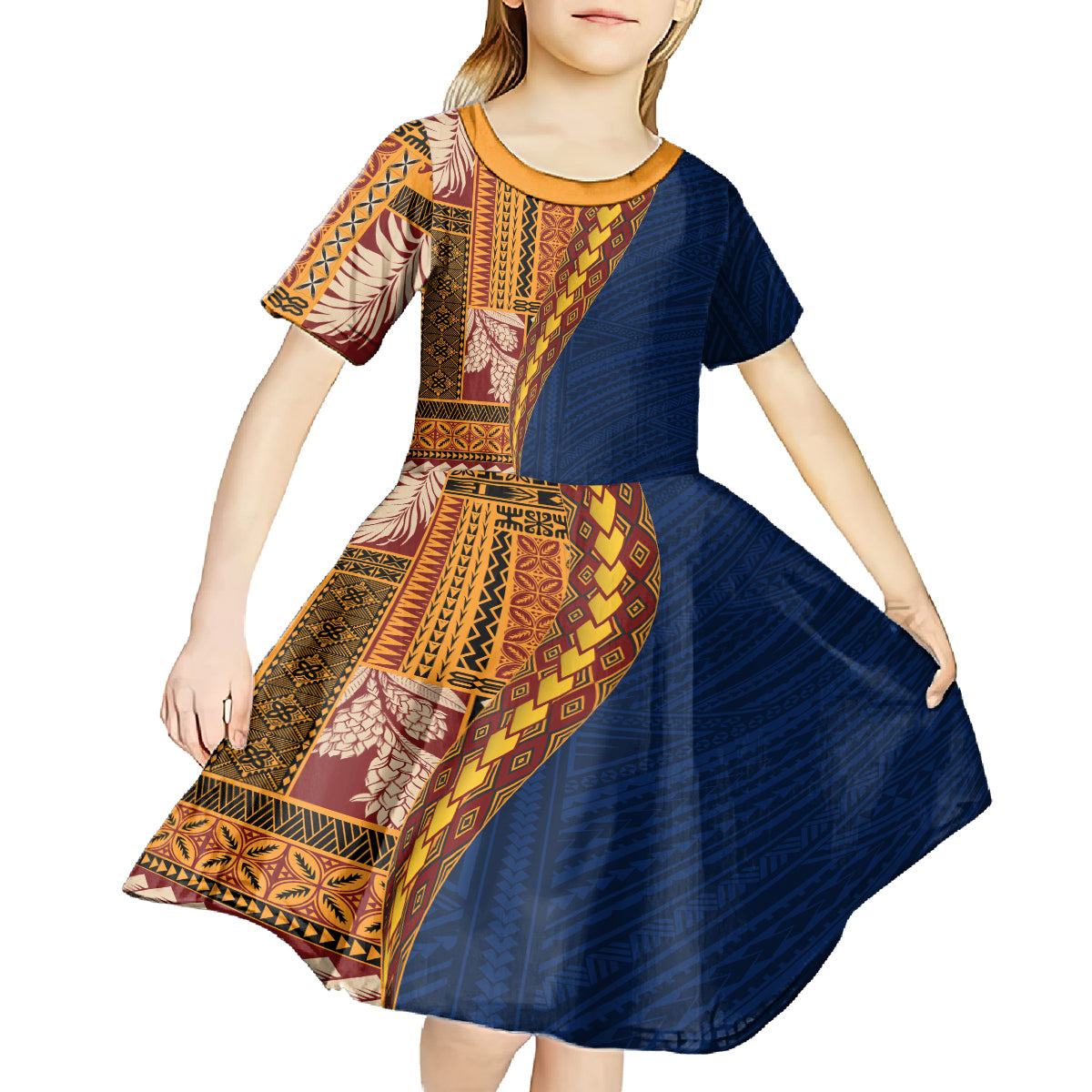 Samoa Siapo Motif Half Style Kid Short Sleeve Dress Colorful Version