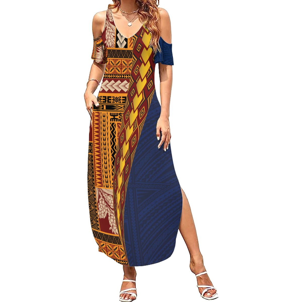 Samoa Siapo Motif Half Style Summer Maxi Dress Colorful Version