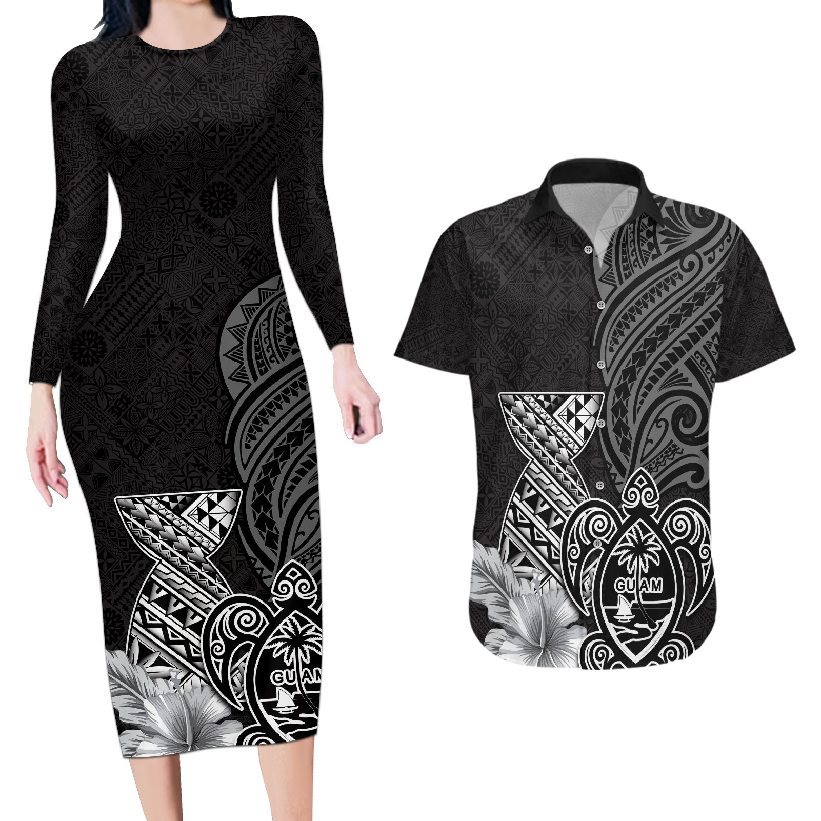 Guam Latte Stone Chamorro Culture Couples Matching Long Sleeve Bodycon Dress and Hawaiian Shirt Tapa Pattern