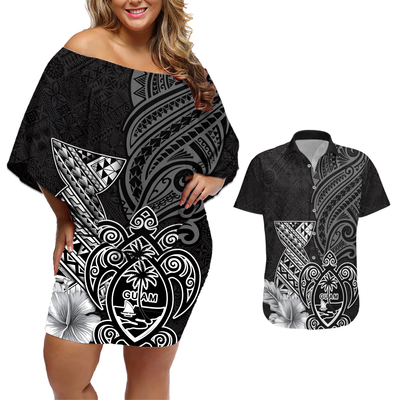 Guam Latte Stone Chamorro Culture Couples Matching Off Shoulder Short Dress and Hawaiian Shirt Tapa Pattern