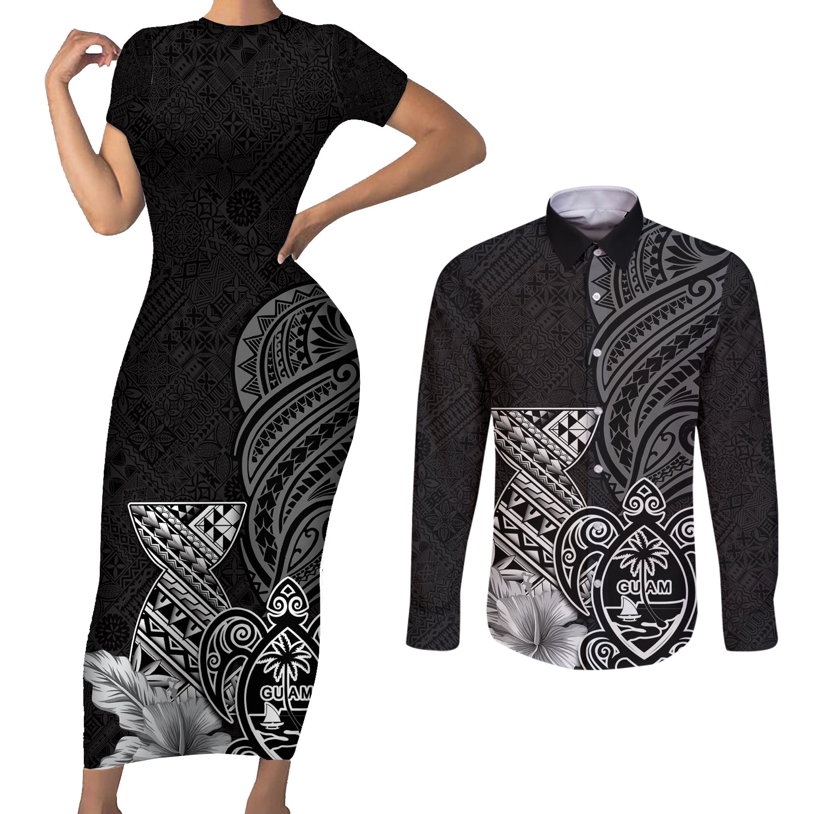 Guam Latte Stone Chamorro Culture Couples Matching Short Sleeve Bodycon Dress and Long Sleeve Button Shirt Tapa Pattern