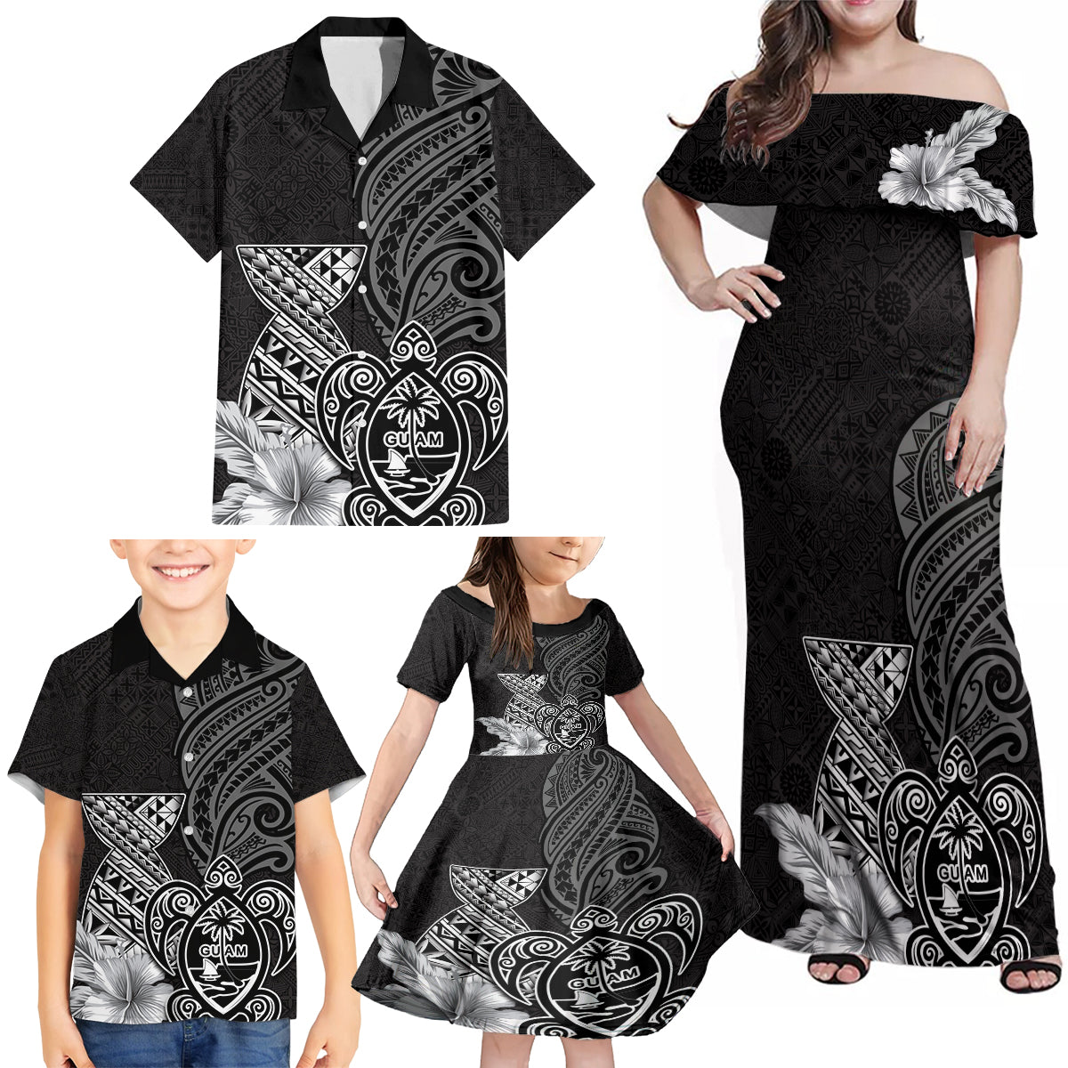 Guam Latte Stone Chamorro Culture Family Matching Off Shoulder Maxi Dress and Hawaiian Shirt Tapa Pattern