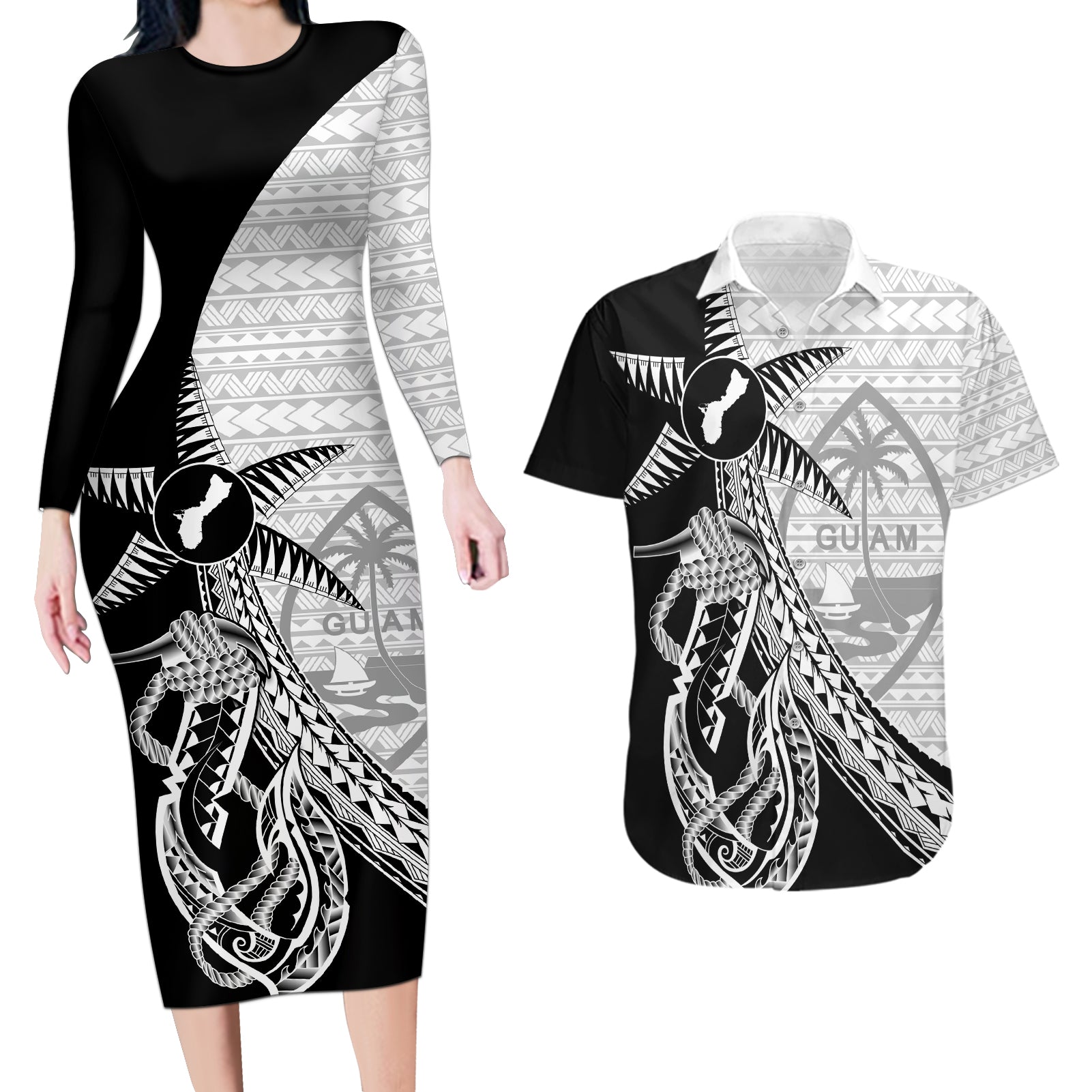 Guam Fish Hook and Palm Tree Couples Matching Long Sleeve Bodycon Dress and Hawaiian Shirt Polynesian Pattern Half Style