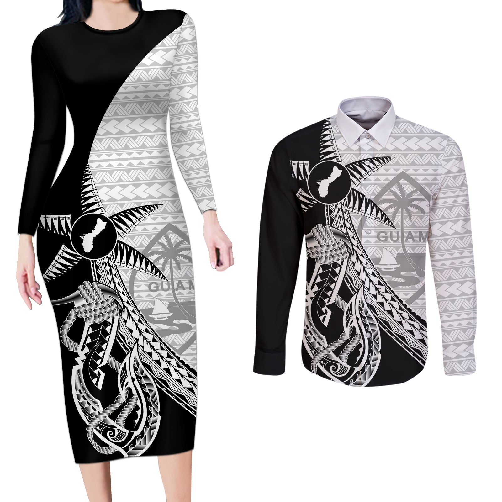 Guam Fish Hook and Palm Tree Couples Matching Long Sleeve Bodycon Dress and Long Sleeve Button Shirt Polynesian Pattern Half Style