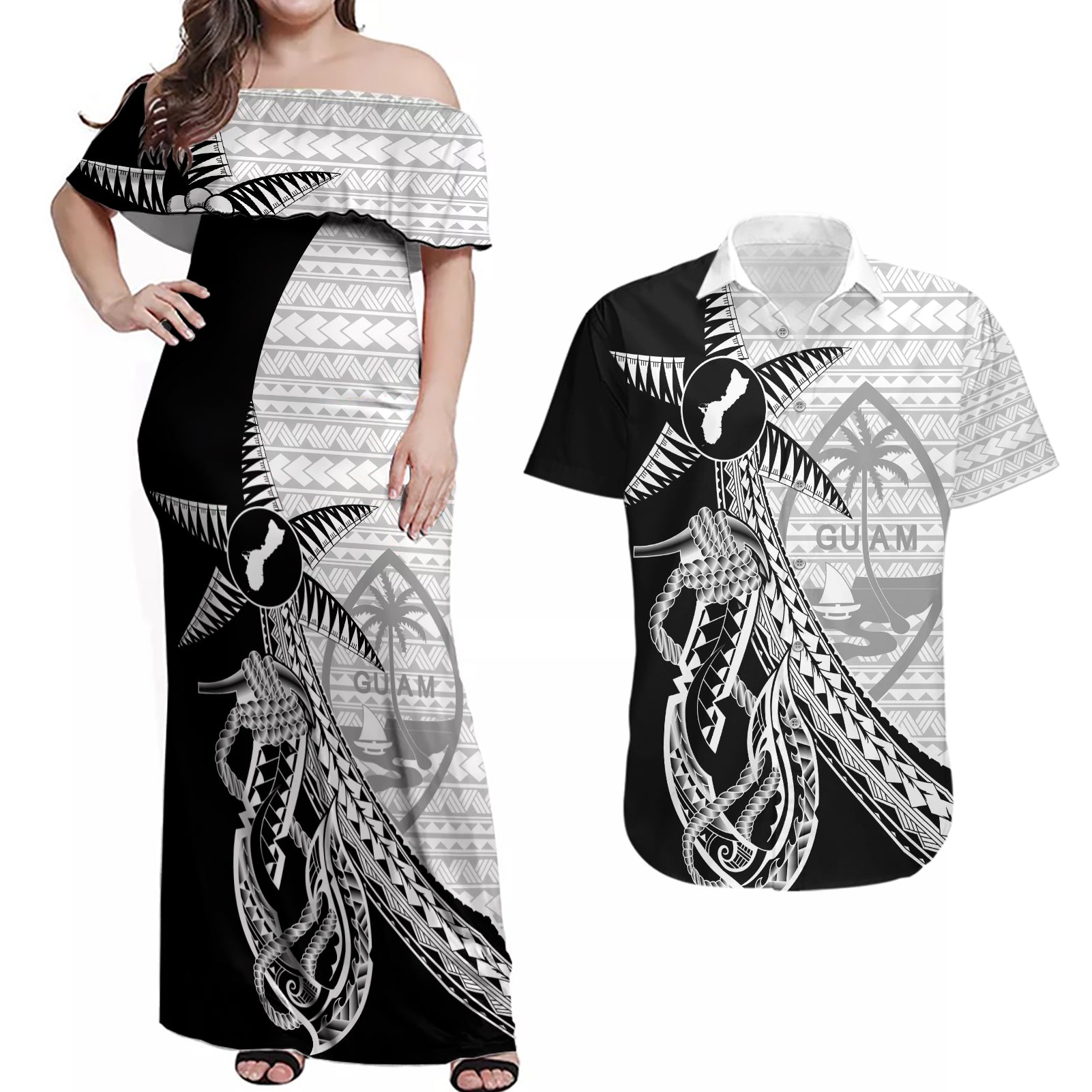 Guam Fish Hook and Palm Tree Couples Matching Off Shoulder Maxi Dress and Hawaiian Shirt Polynesian Pattern Half Style