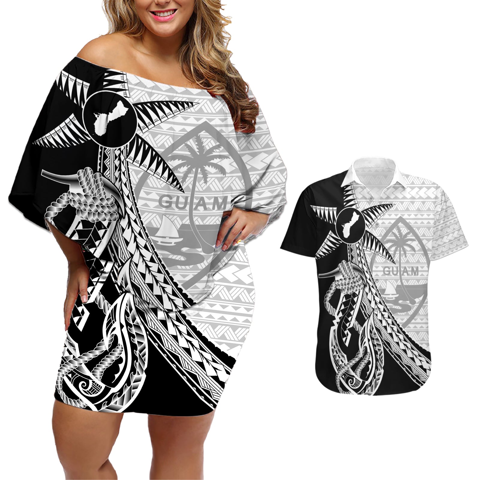 Guam Fish Hook and Palm Tree Couples Matching Off Shoulder Short Dress and Hawaiian Shirt Polynesian Pattern Half Style