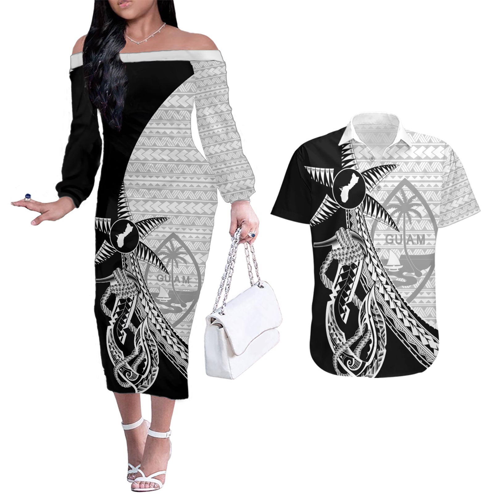 Guam Fish Hook and Palm Tree Couples Matching Off The Shoulder Long Sleeve Dress and Hawaiian Shirt Polynesian Pattern Half Style