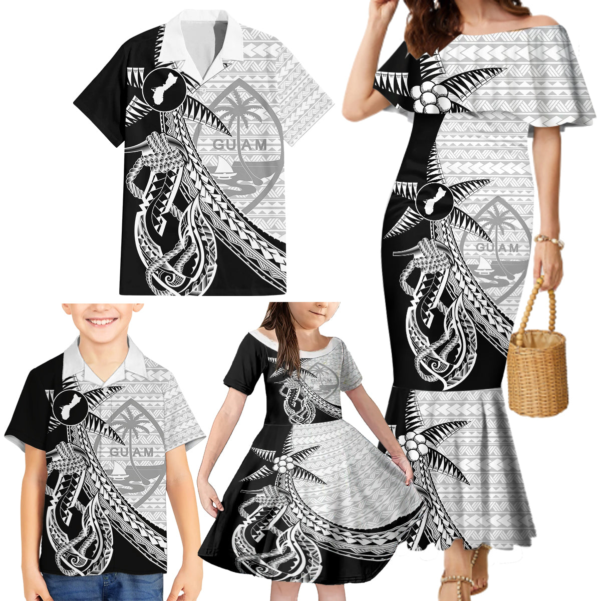 Guam Fish Hook and Palm Tree Family Matching Mermaid Dress and Hawaiian Shirt Polynesian Pattern Half Style