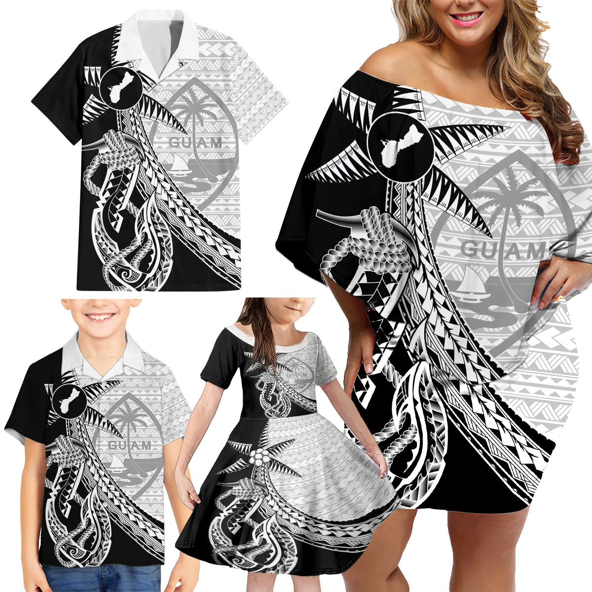 Guam Fish Hook and Palm Tree Family Matching Off Shoulder Short Dress and Hawaiian Shirt Polynesian Pattern Half Style