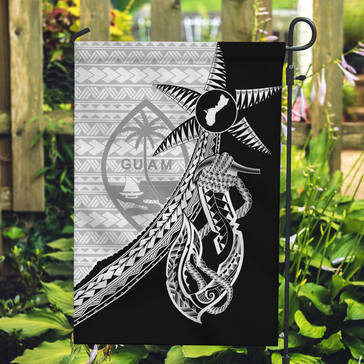 Guam Fish Hook and Palm Tree Garden Flag Polynesian Pattern Half Style