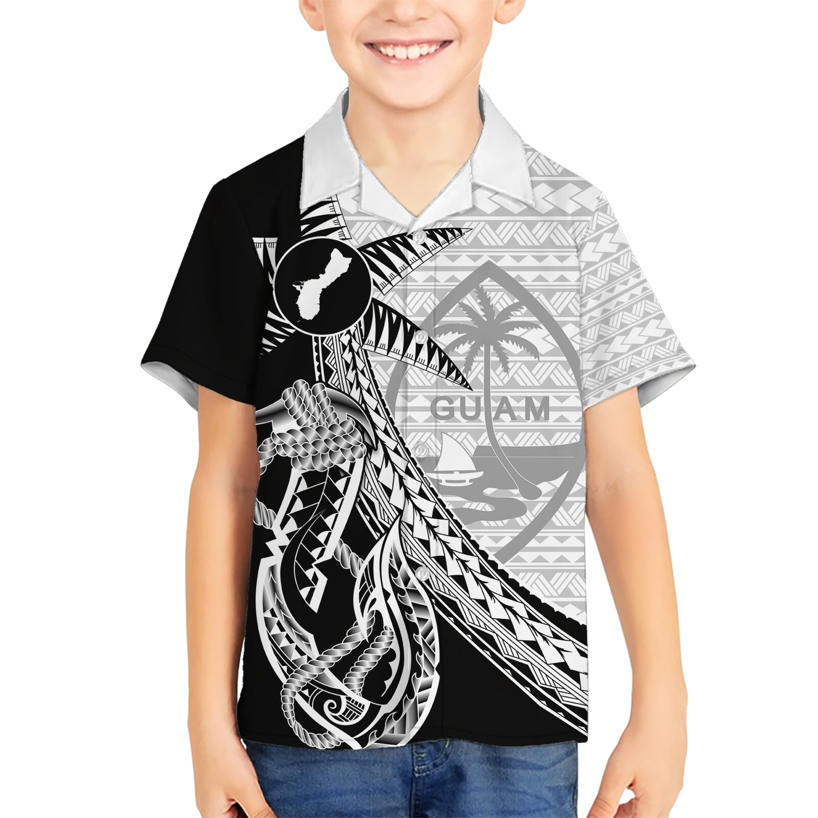 Guam Fish Hook and Palm Tree Kid Hawaiian Shirt Polynesian Pattern Half Style