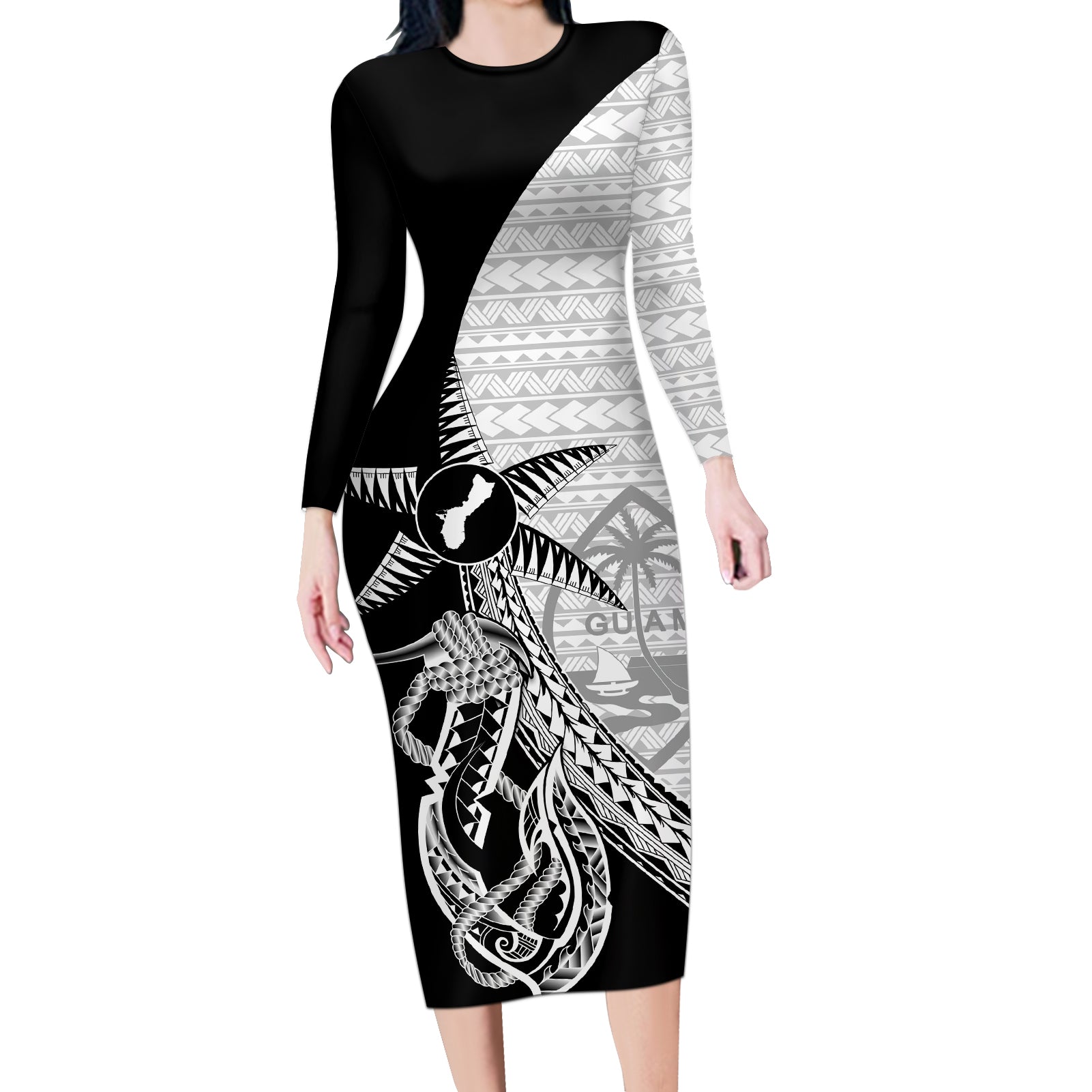 Guam Fish Hook and Palm Tree Long Sleeve Bodycon Dress Polynesian Pattern Half Style