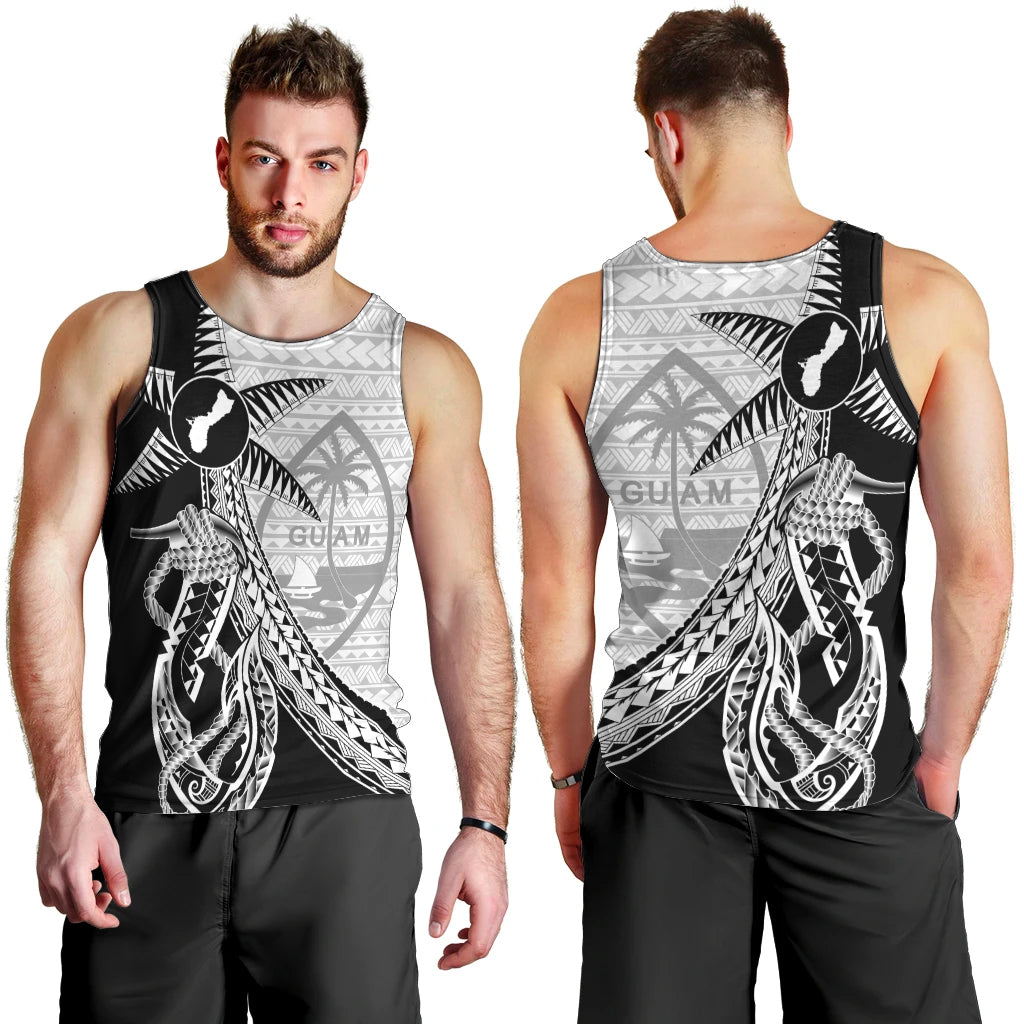 Guam Fish Hook and Palm Tree Men Tank Top Polynesian Pattern Half Style