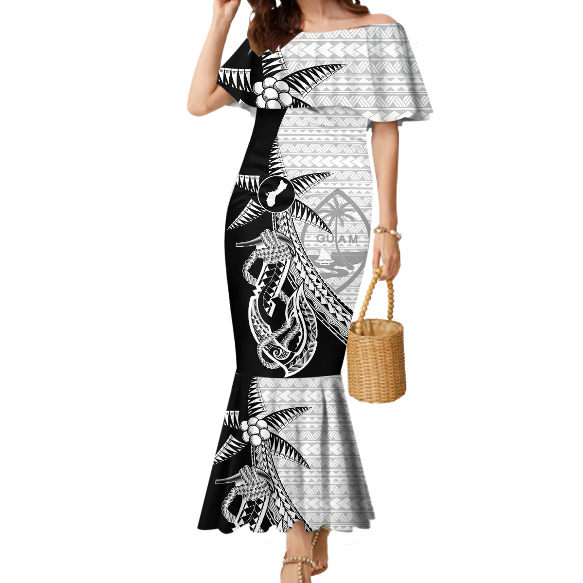 Guam Fish Hook and Palm Tree Mermaid Dress Polynesian Pattern Half Style