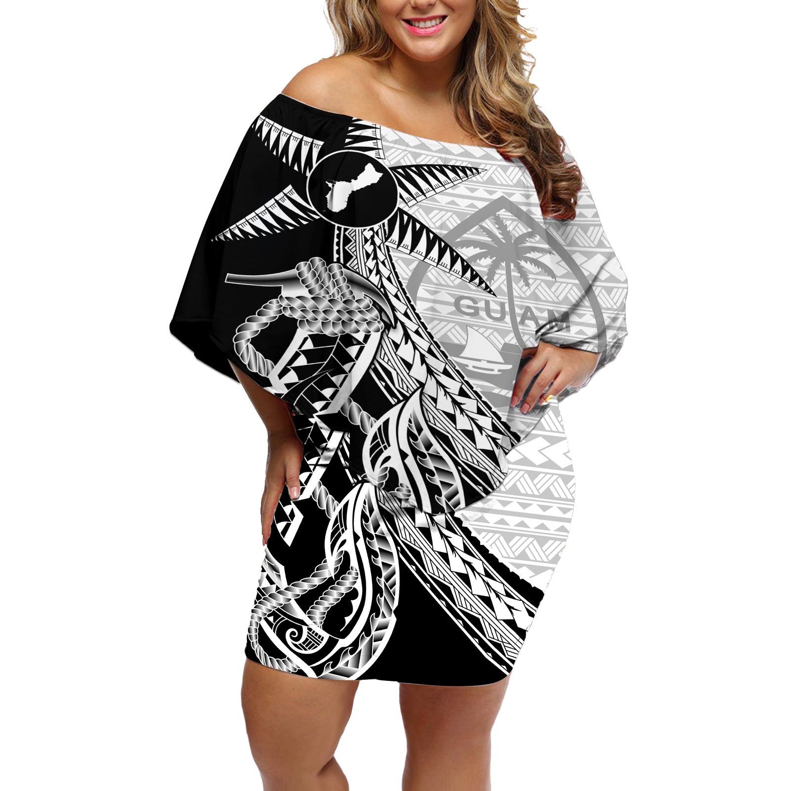 Guam Fish Hook and Palm Tree Off Shoulder Short Dress Polynesian Pattern Half Style