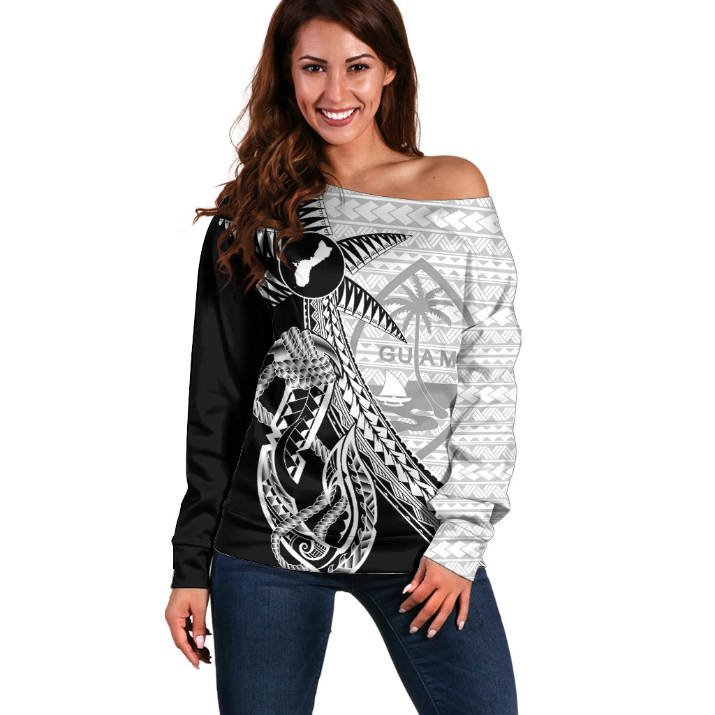 Guam Fish Hook and Palm Tree Off Shoulder Sweater Polynesian Pattern Half Style