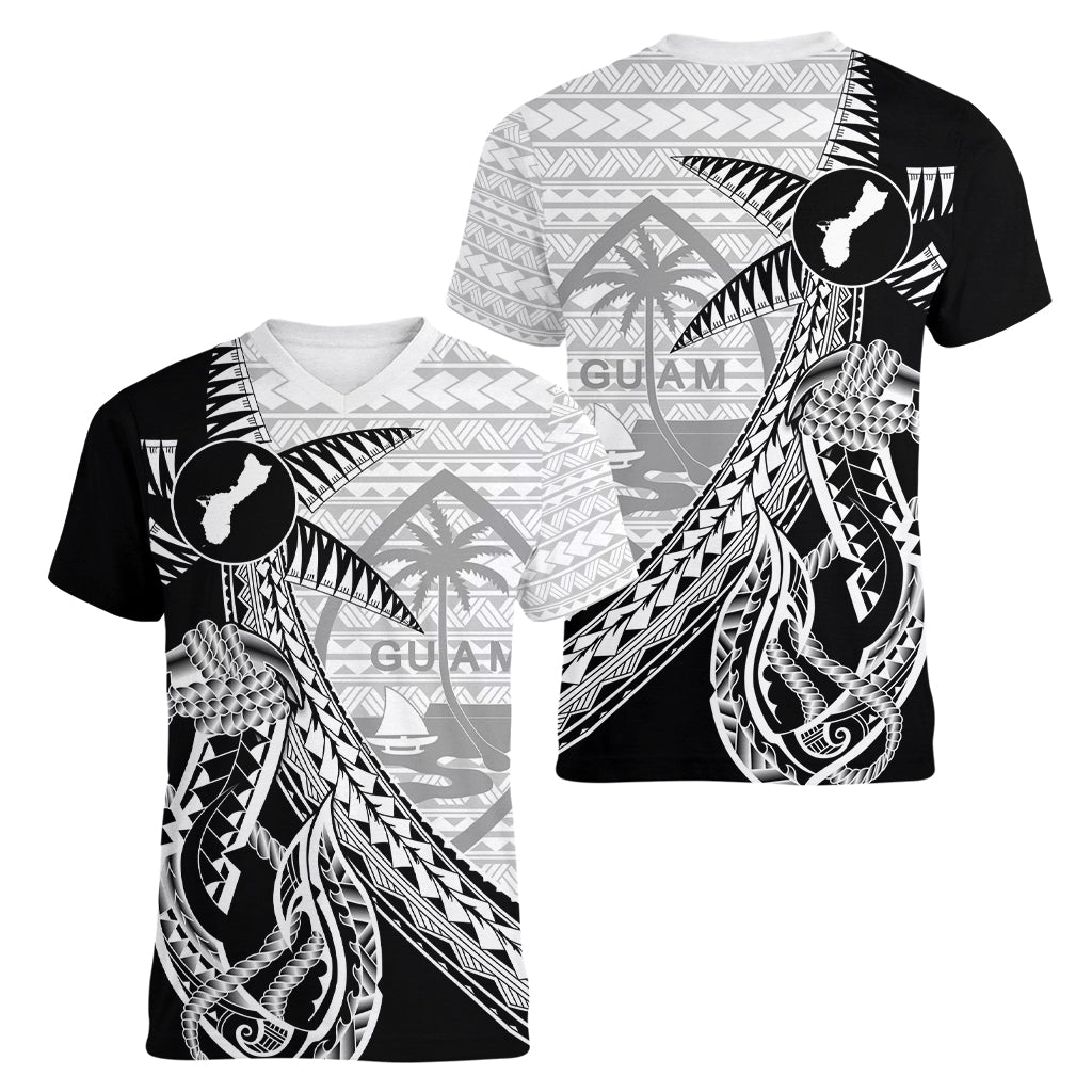 Guam Fish Hook and Palm Tree Women V-Neck T-Shirt Polynesian Pattern Half Style