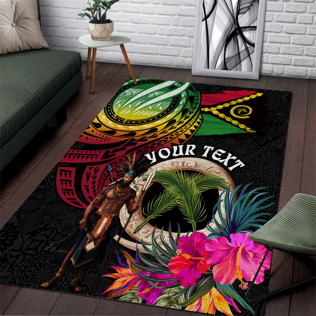 Personalised Vanuatu 44th Anniversary Area Rug Boars Tusk and Melanesian Warrior Indipendens Dei