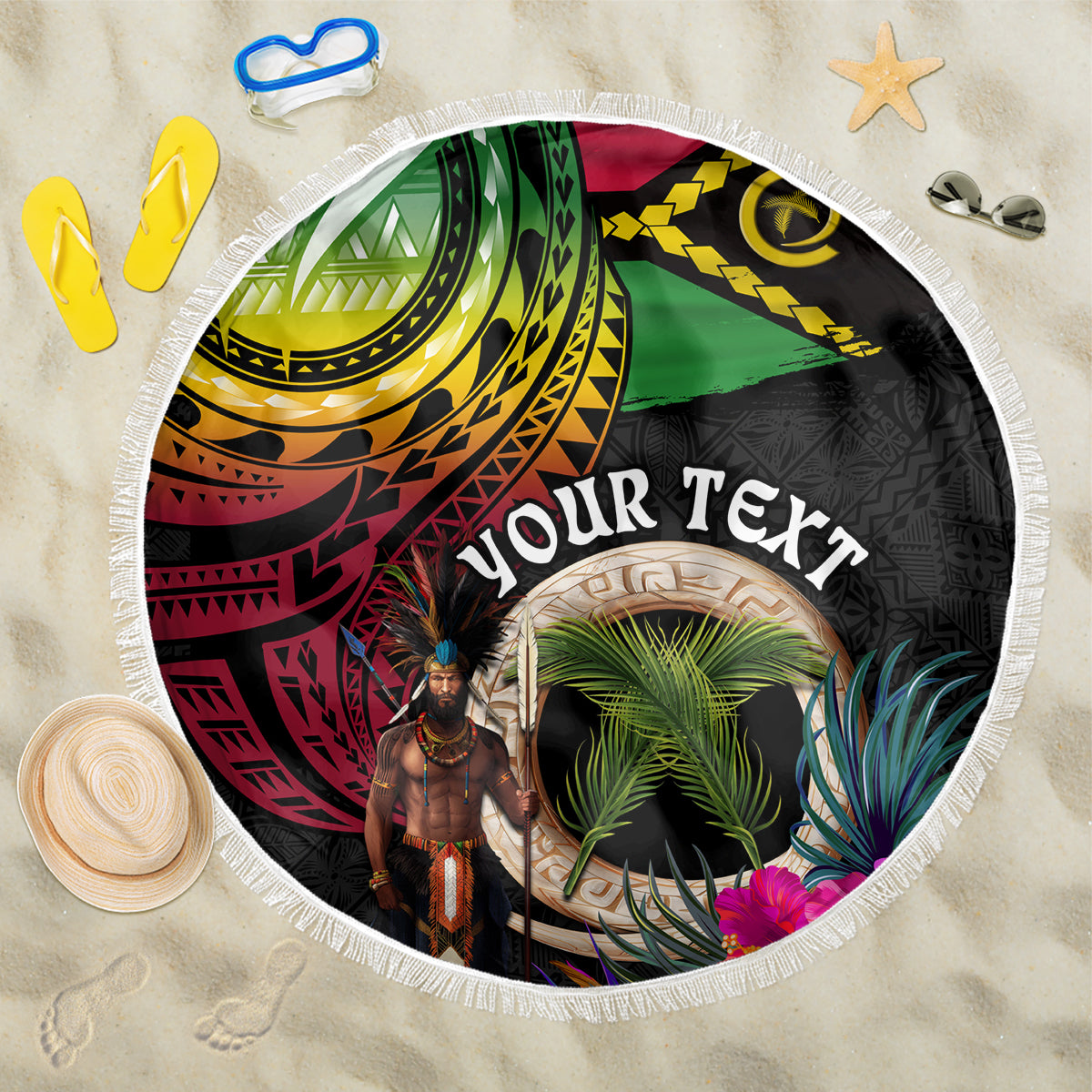 Personalised Vanuatu 44th Anniversary Beach Blanket Boars Tusk and Melanesian Warrior Indipendens Dei