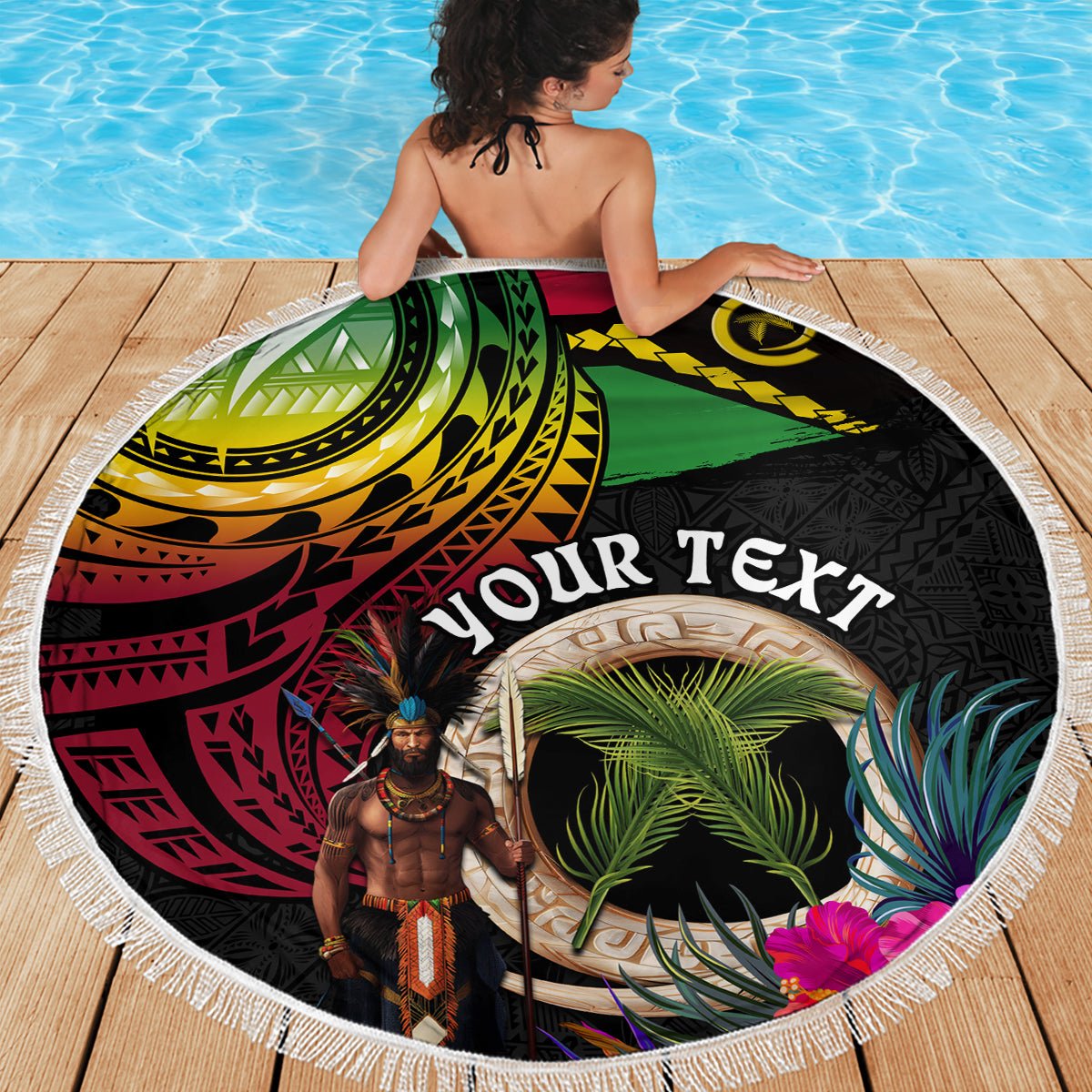 Personalised Vanuatu 44th Anniversary Beach Blanket Boars Tusk and Melanesian Warrior Indipendens Dei LT03 - Polynesian Pride