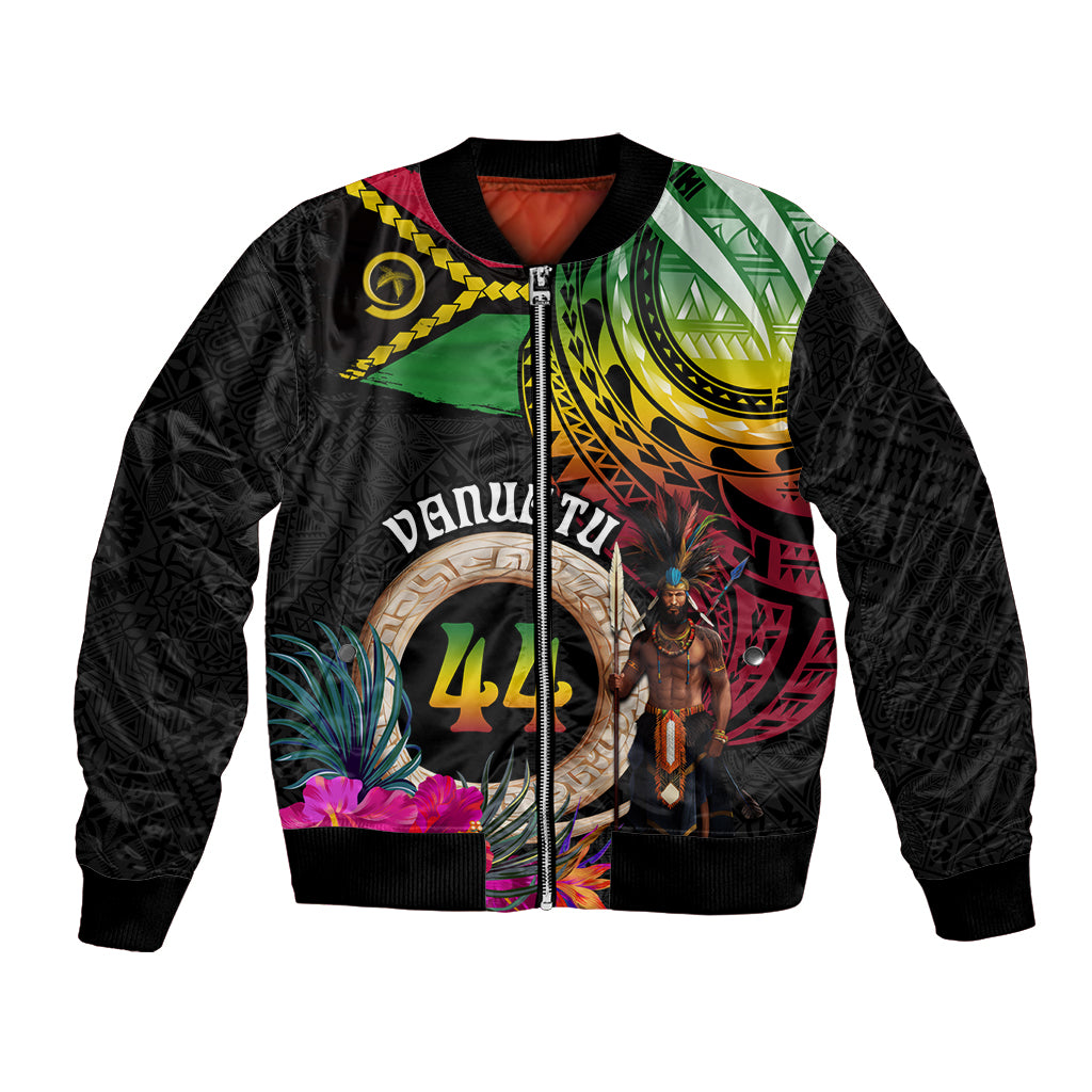 Personalised Vanuatu 44th Anniversary Bomber Jacket Boars Tusk and Melanesian Warrior Indipendens Dei LT03 Unisex Black - Polynesian Pride