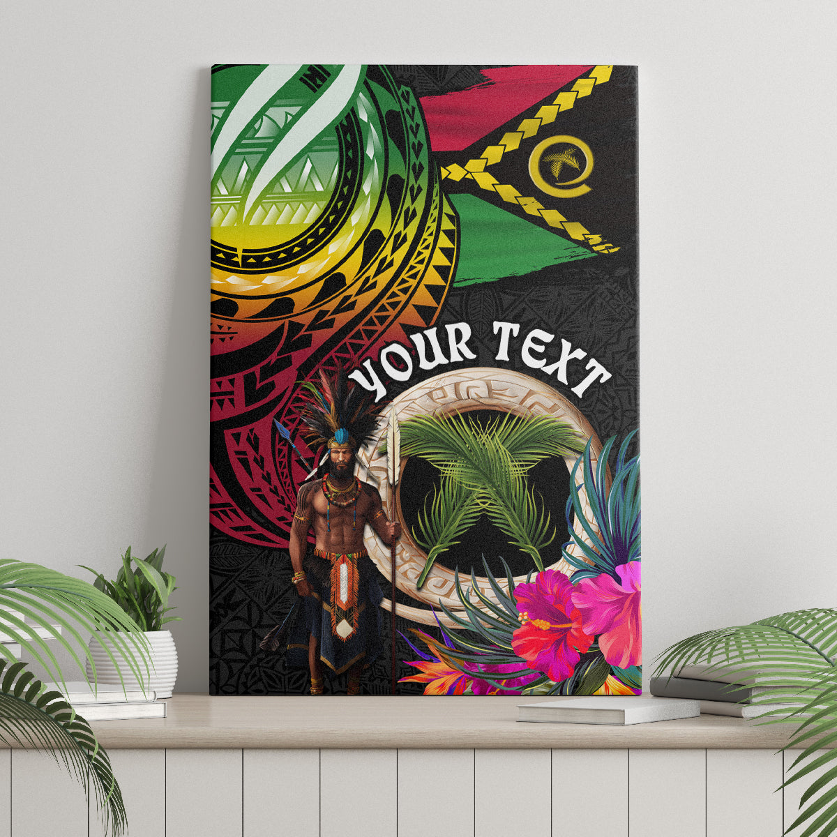 Personalised Vanuatu 44th Anniversary Canvas Wall Art Boars Tusk and Melanesian Warrior Indipendens Dei LT03 - Polynesian Pride
