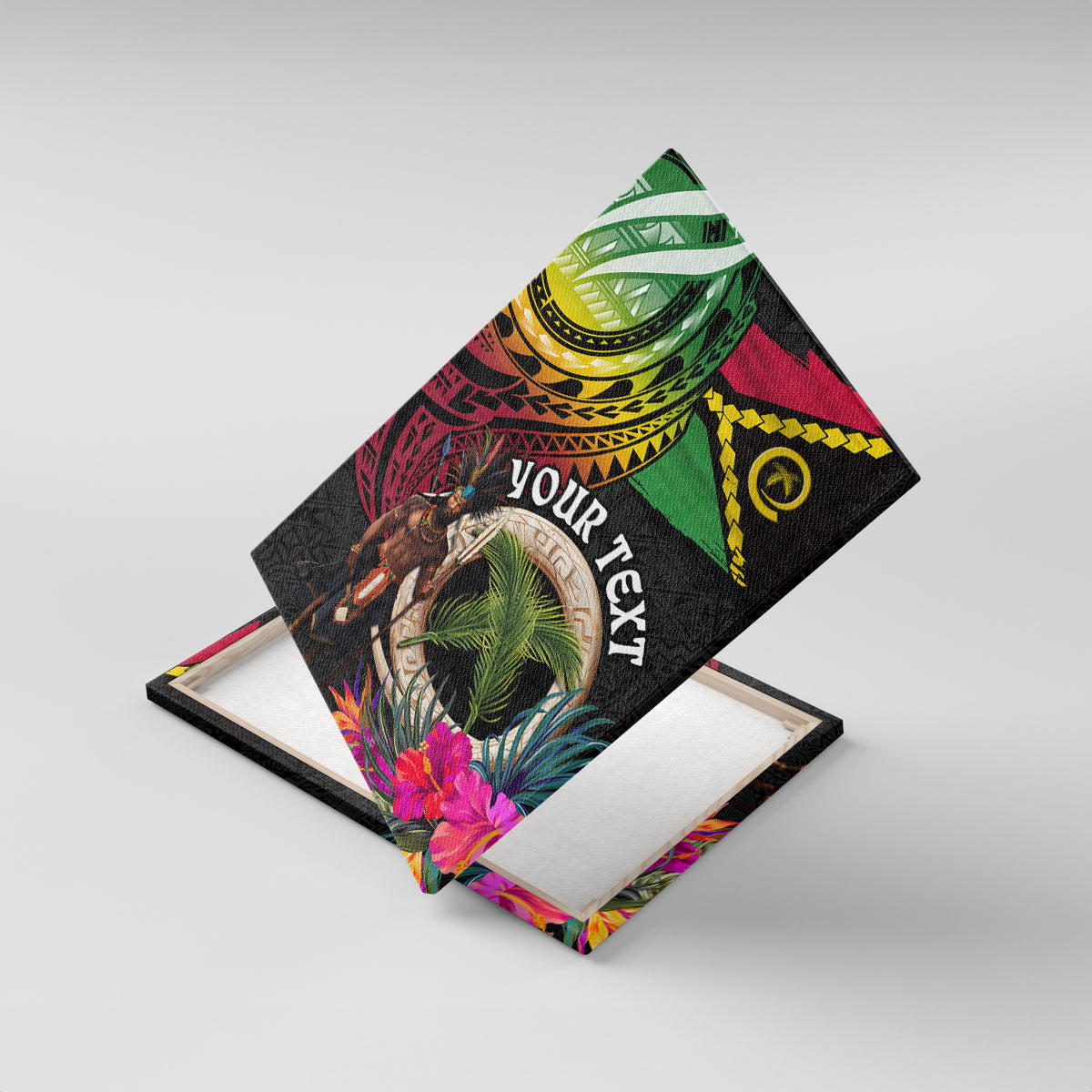 Personalised Vanuatu 44th Anniversary Canvas Wall Art Boars Tusk and Melanesian Warrior Indipendens Dei LT03 With Frame Black - Polynesian Pride